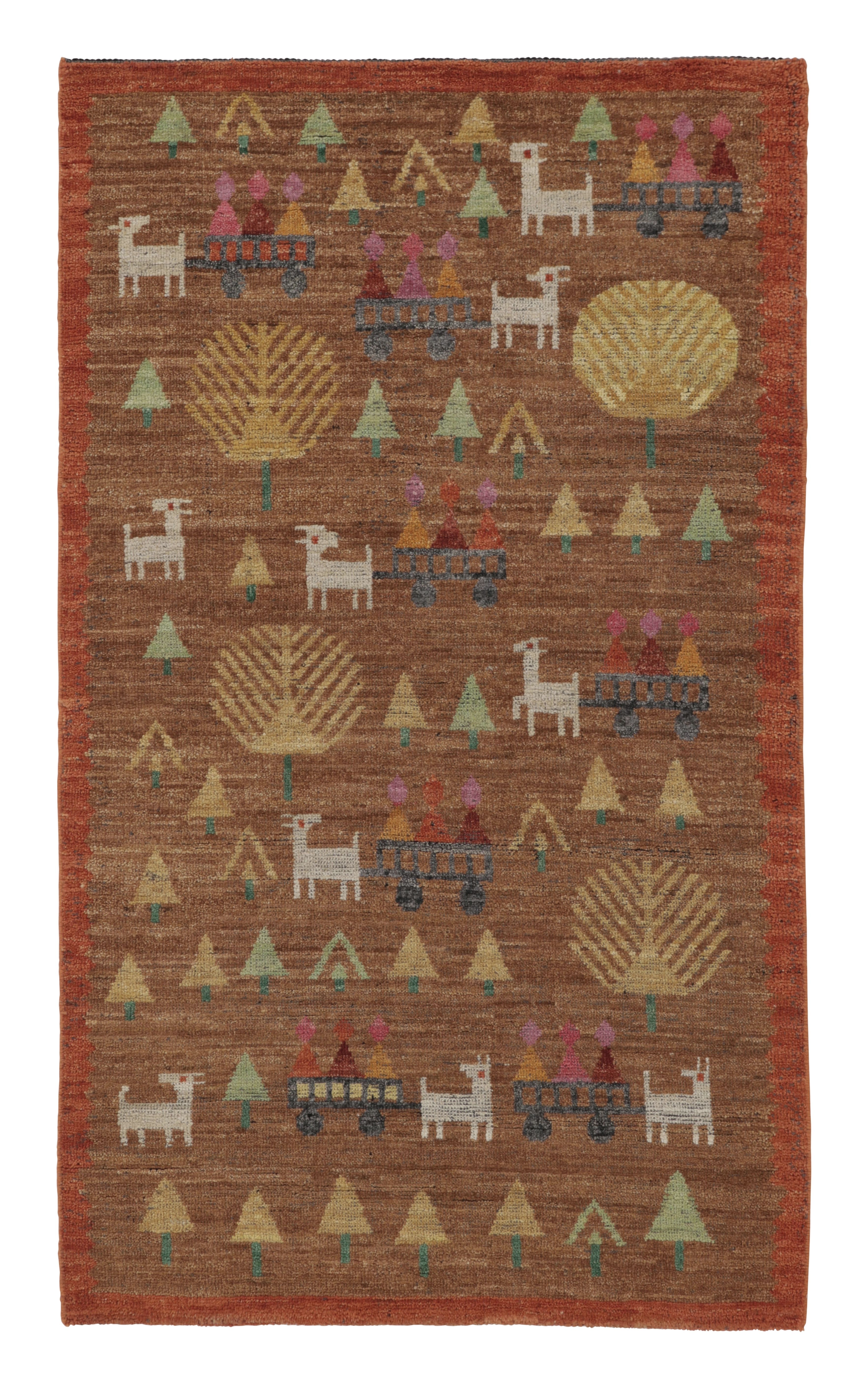 Rug & Kilim’s Swedish Inspired Folk Art Rug, Brown with Figural Geometric Motifs