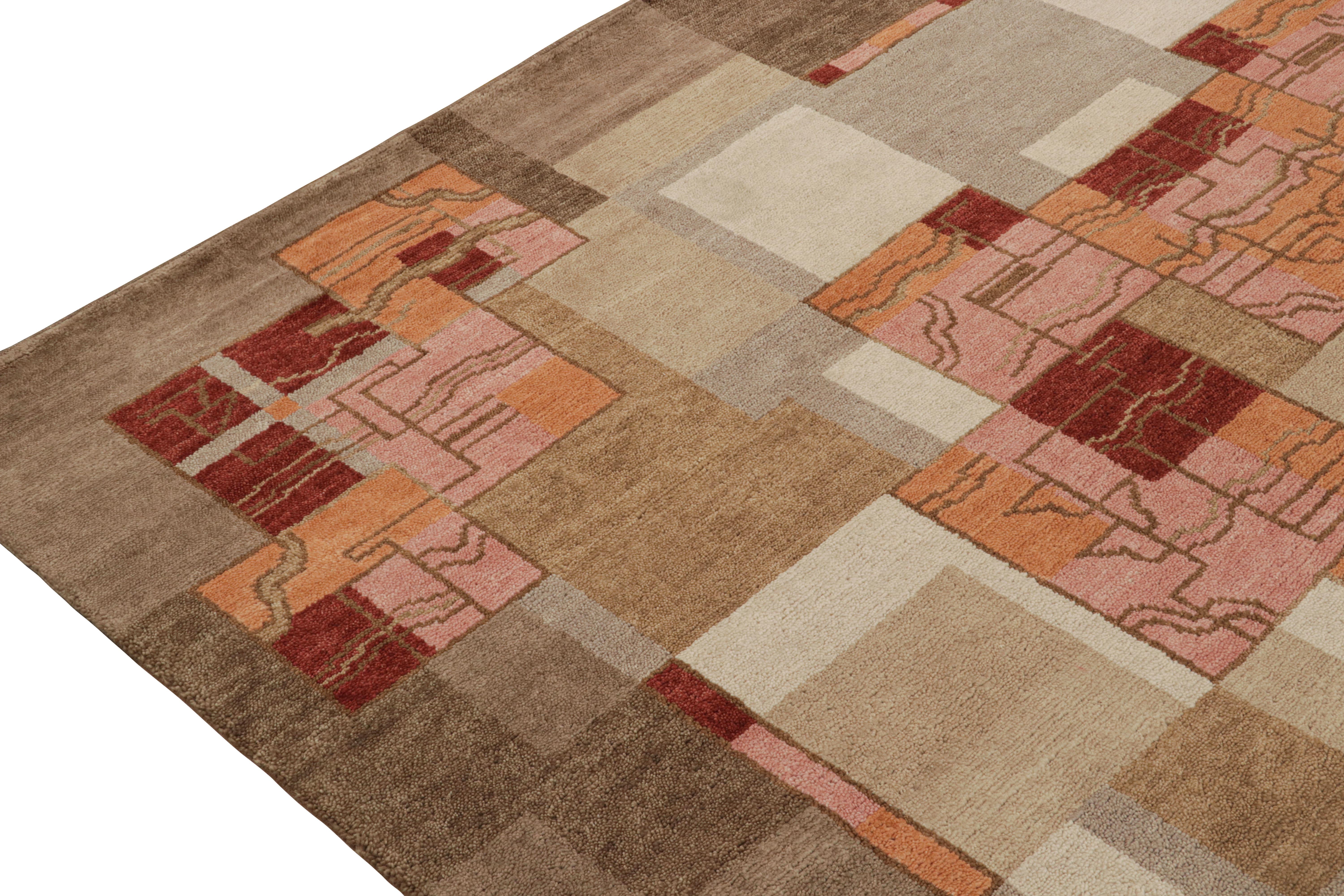 Contemporary Rug & Kilim’s Swedish Style Art Deco Rug in Brown, Grey, Red, Pink Patterns For Sale