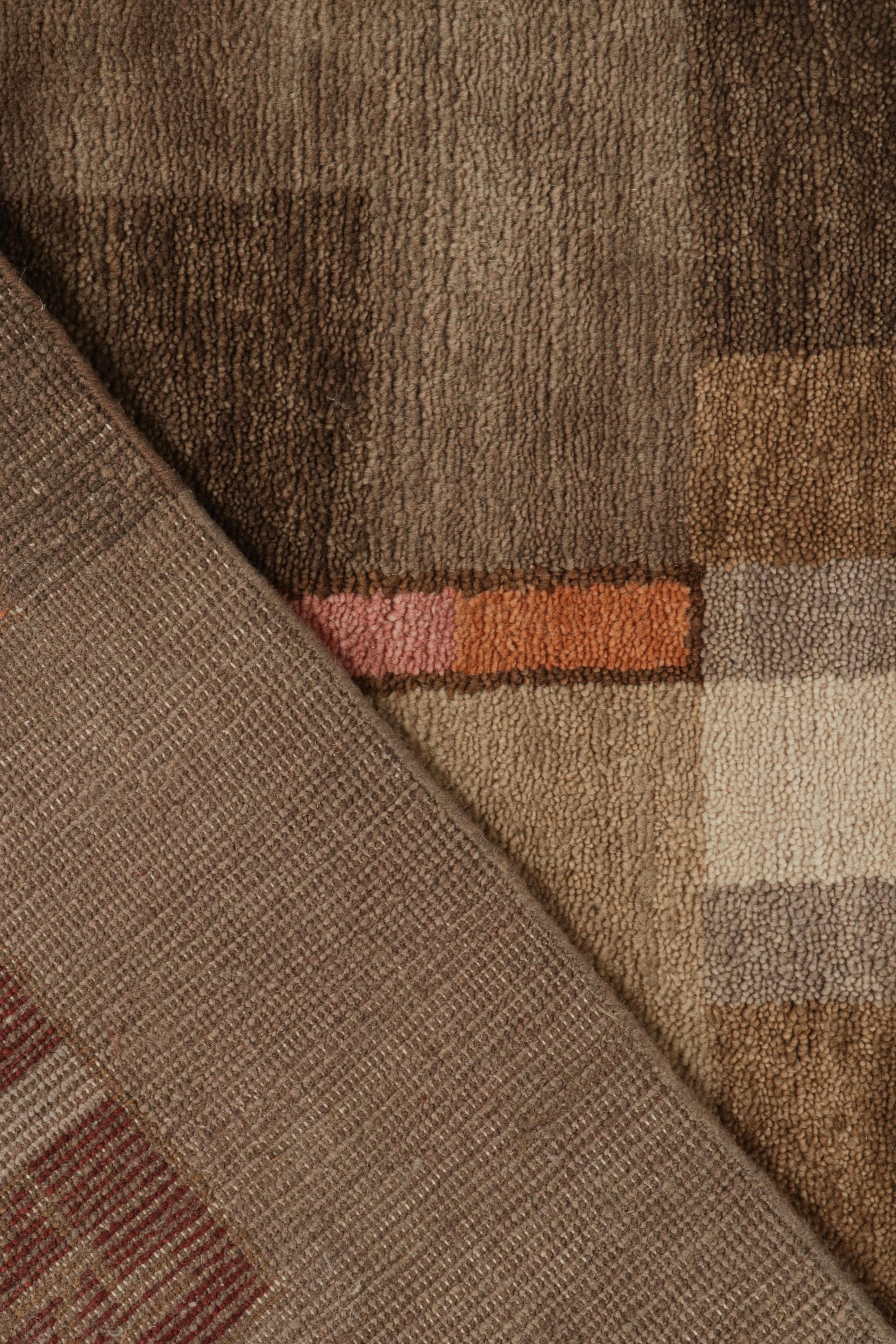 Wool Rug & Kilim’s Swedish Style Art Deco Rug in Brown, Grey, Red, Pink Patterns For Sale