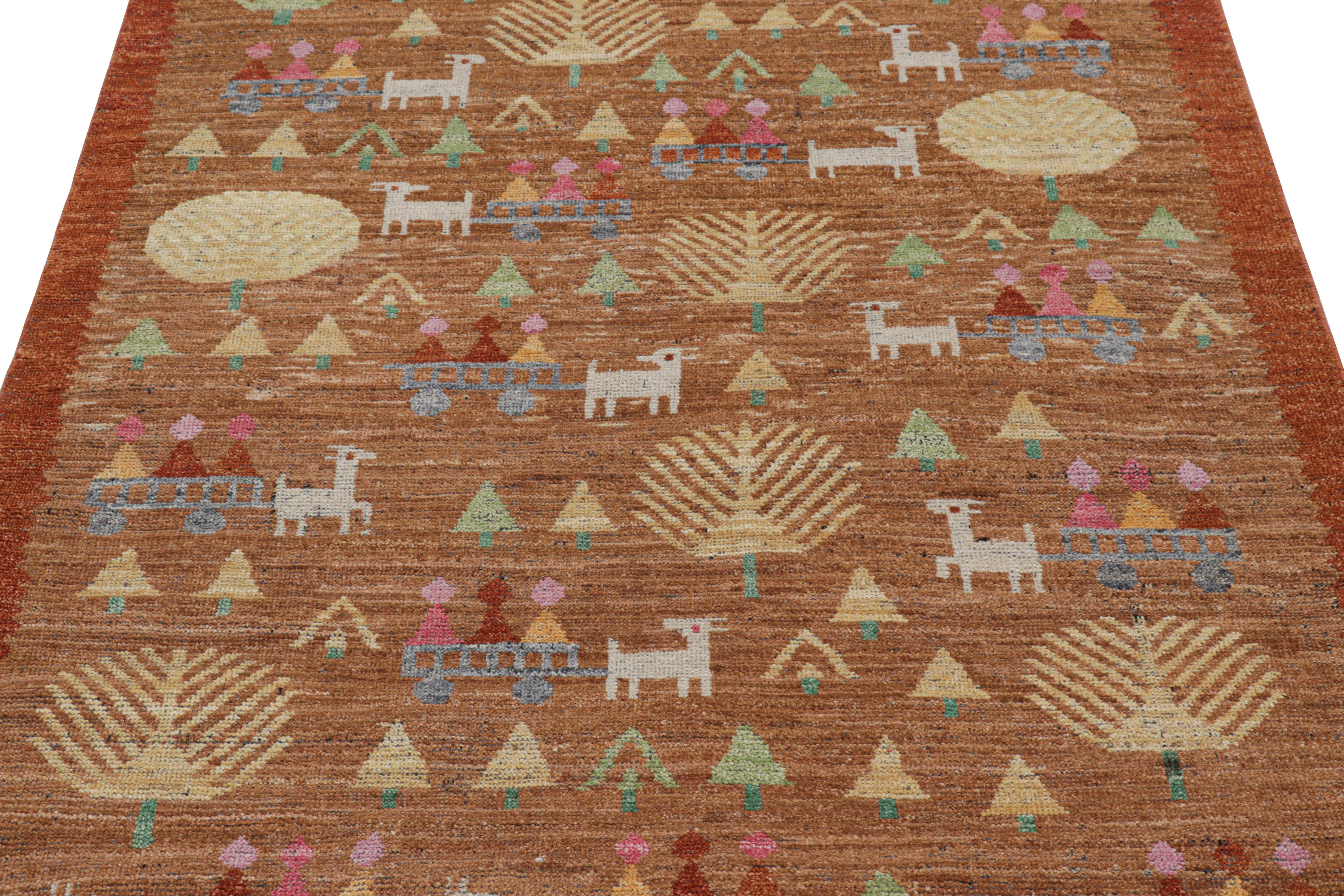 Ce tapis 4x7 personnalisé représente la collection Burano de Rug & Kilim, inspirée de l'art populaire scandinave du milieu du siècle, avec des motifs géométriques représentant des animaux. 

Sur le Design : 

Ces photos représentent un tapis 4x7