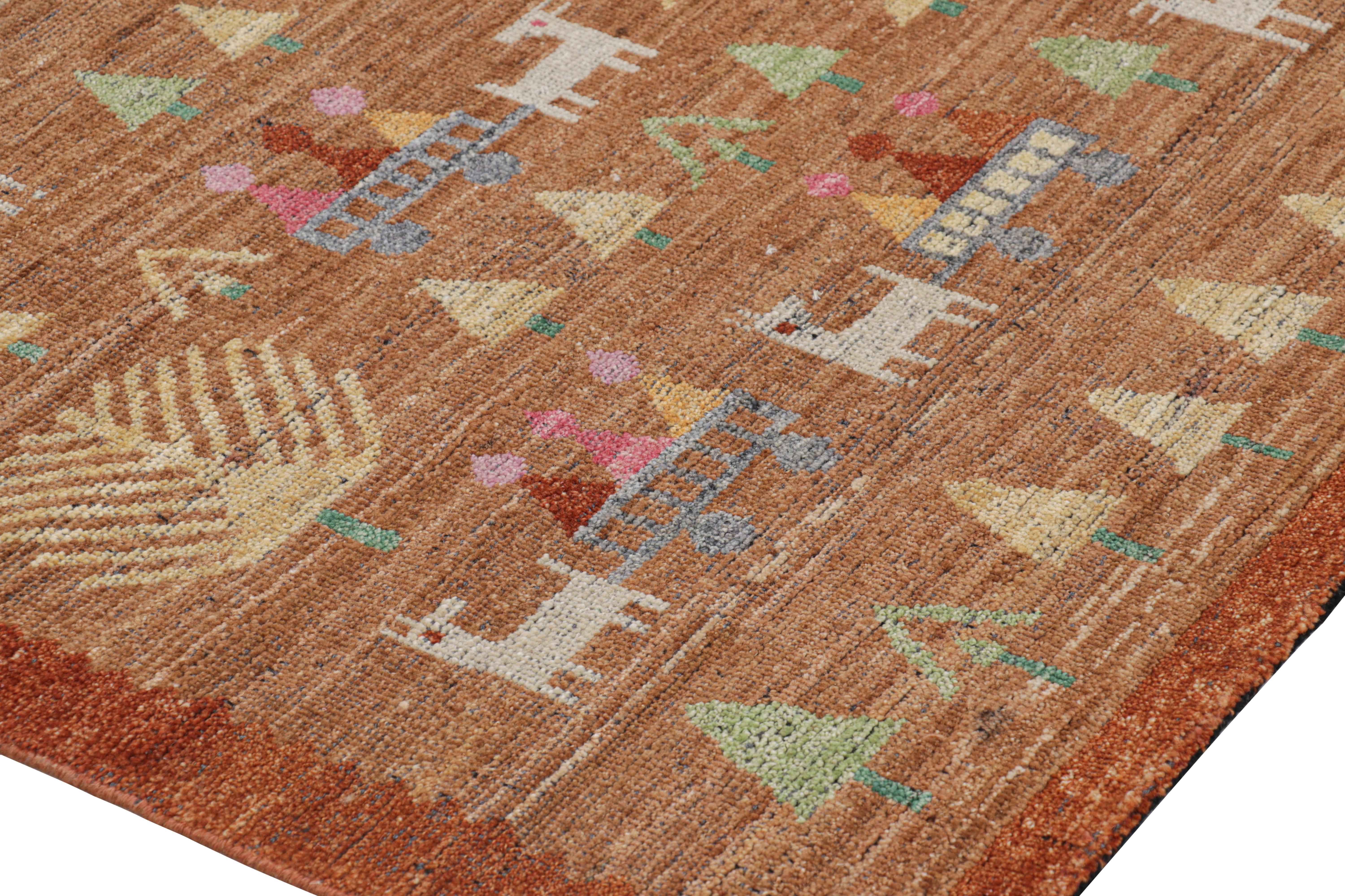Artisanat Rug & Kilim's Swedish Style Custom Rug in Brown with Figural Geometric Patterns (tapis sur mesure de style suédois à motifs géométriques figuratifs) en vente