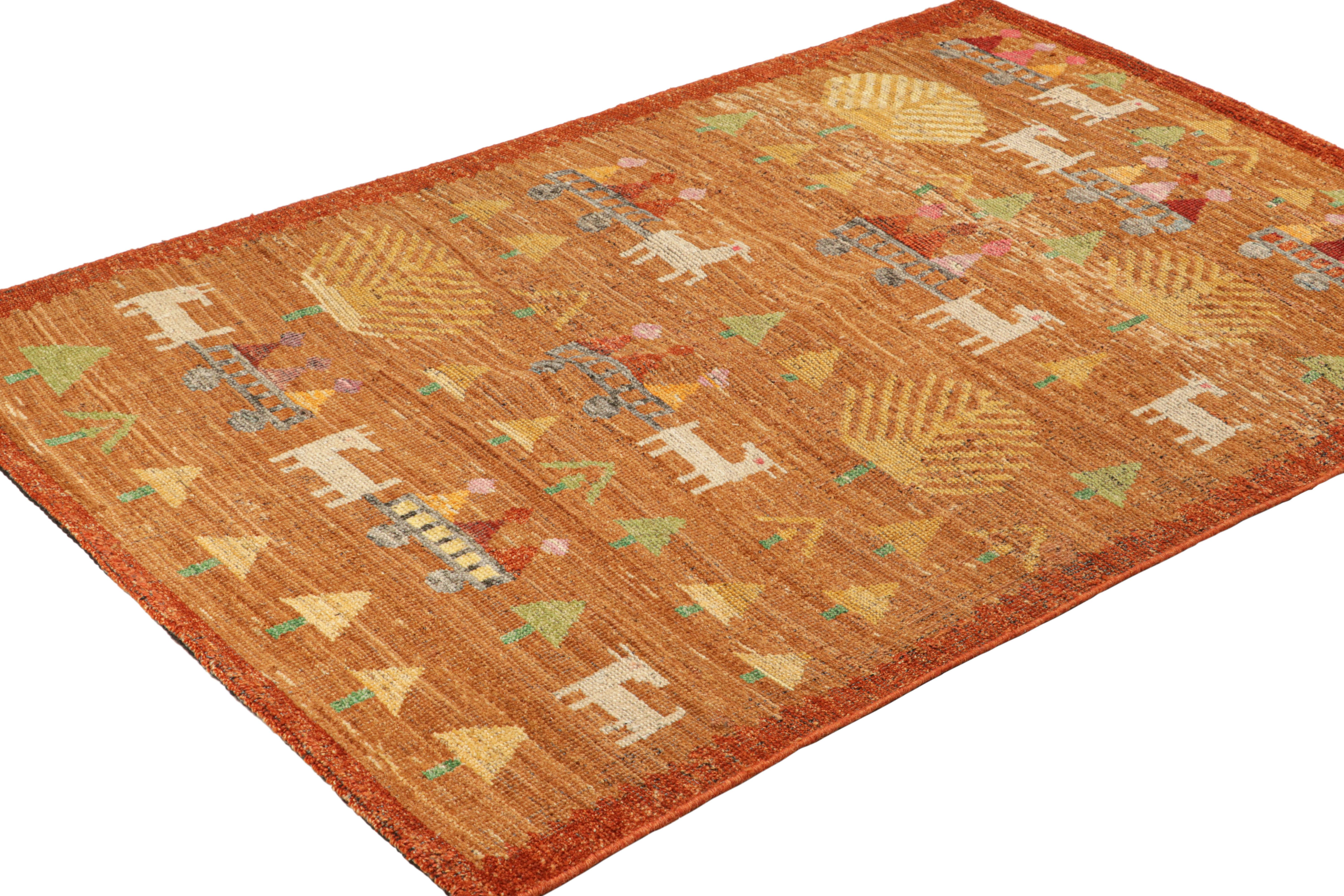 Indian Rug & Kilim’s Swedish Style Custom Rug in Brown with Figural Geometric Patterns For Sale