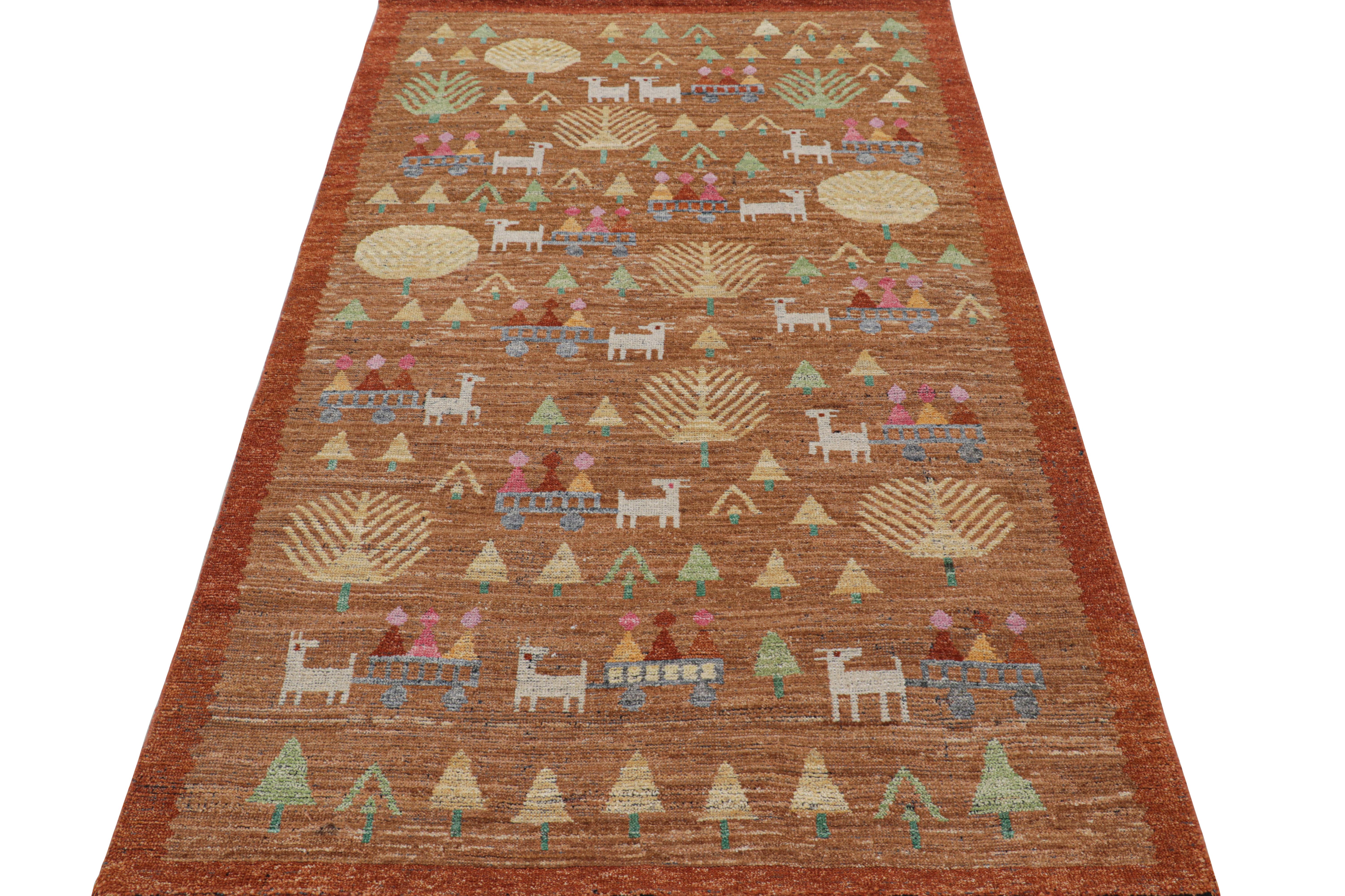 Indien Rug & Kilim's Swedish Style Custom Rug in Brown with Figural Geometric Patterns (tapis sur mesure de style suédois à motifs géométriques figuratifs) en vente
