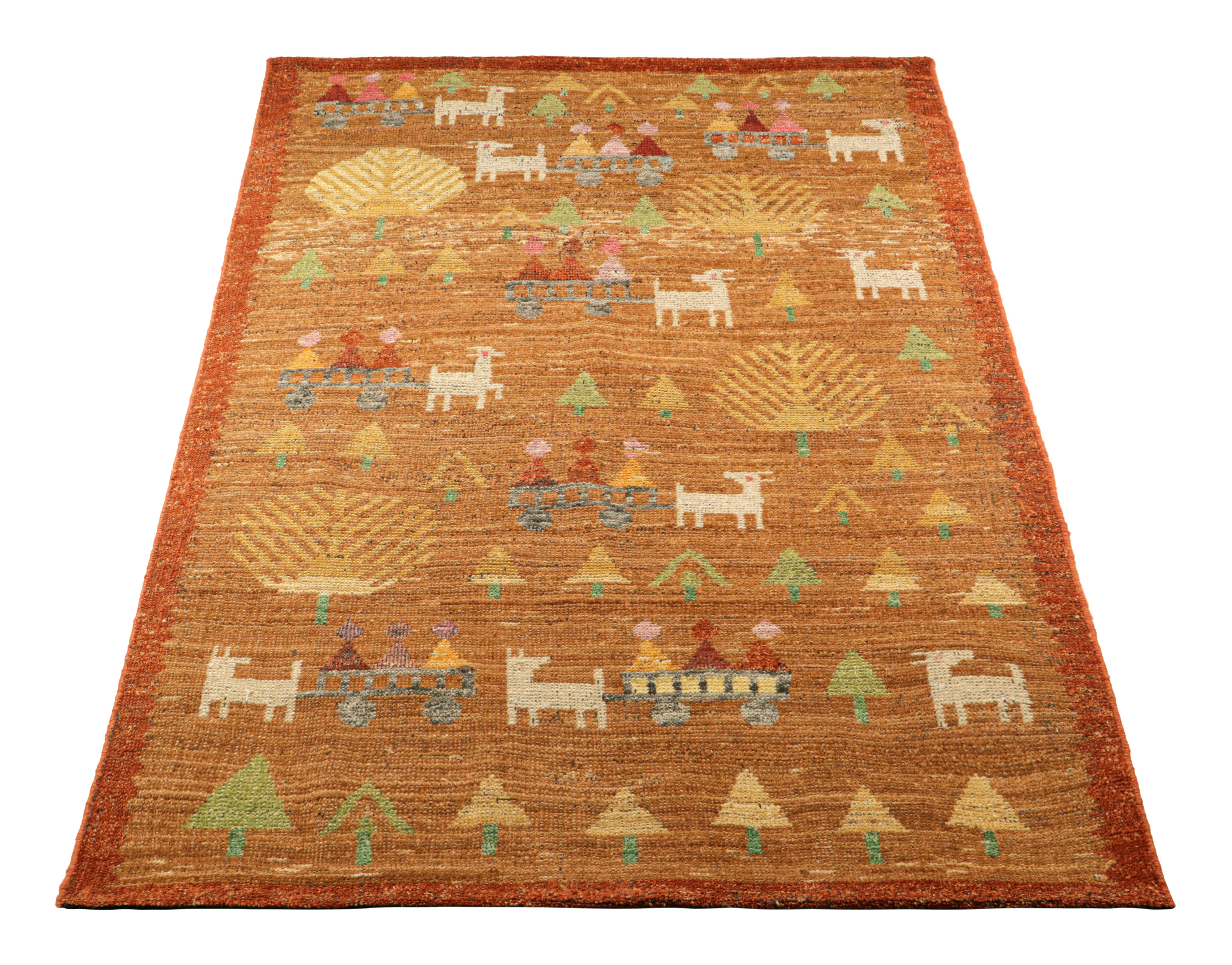 Hand-Knotted Rug & Kilim’s Swedish Style Custom Rug in Brown with Figural Geometric Patterns For Sale