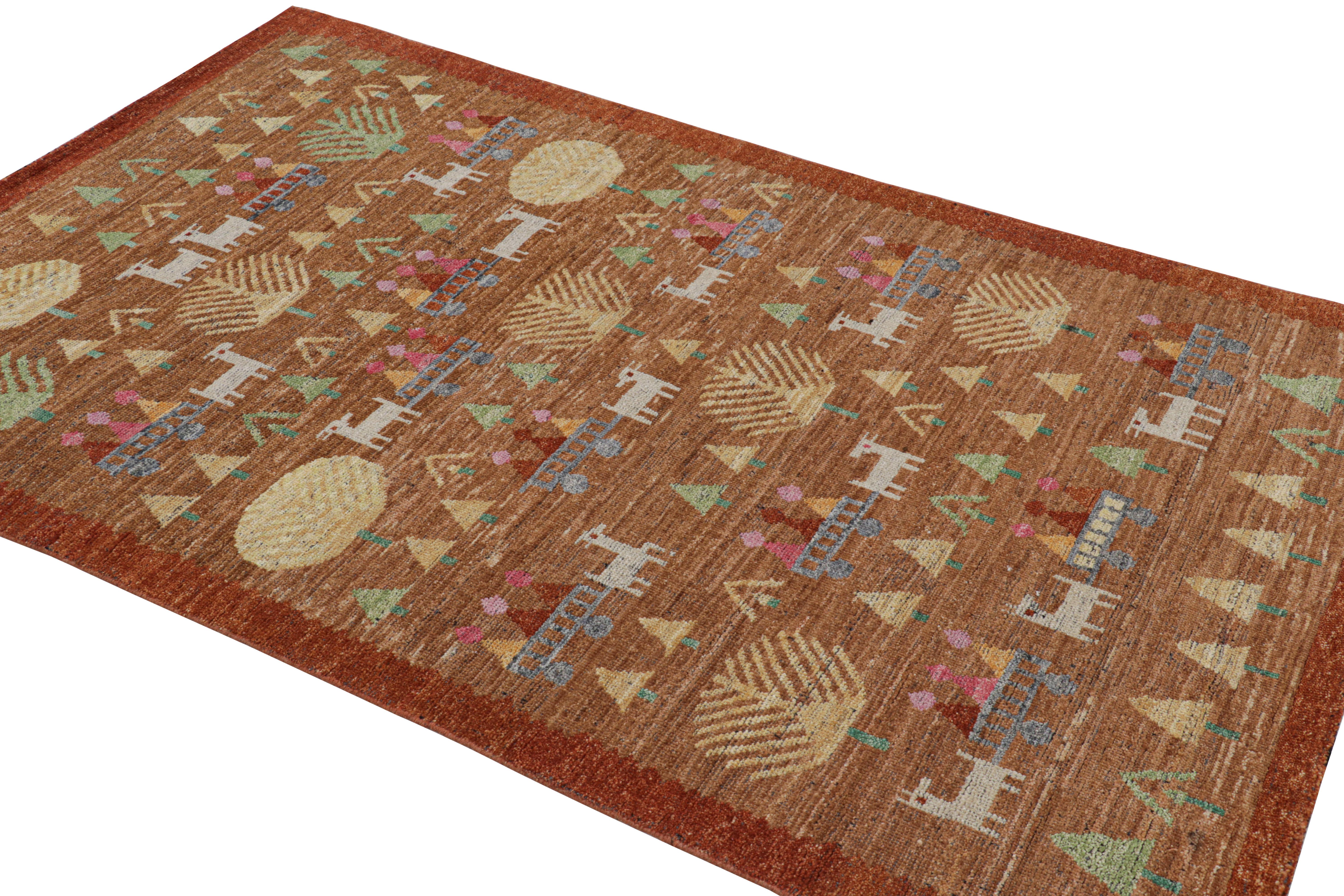 Noué à la main Rug & Kilim's Swedish Style Custom Rug in Brown with Figural Geometric Patterns (tapis sur mesure de style suédois à motifs géométriques figuratifs) en vente