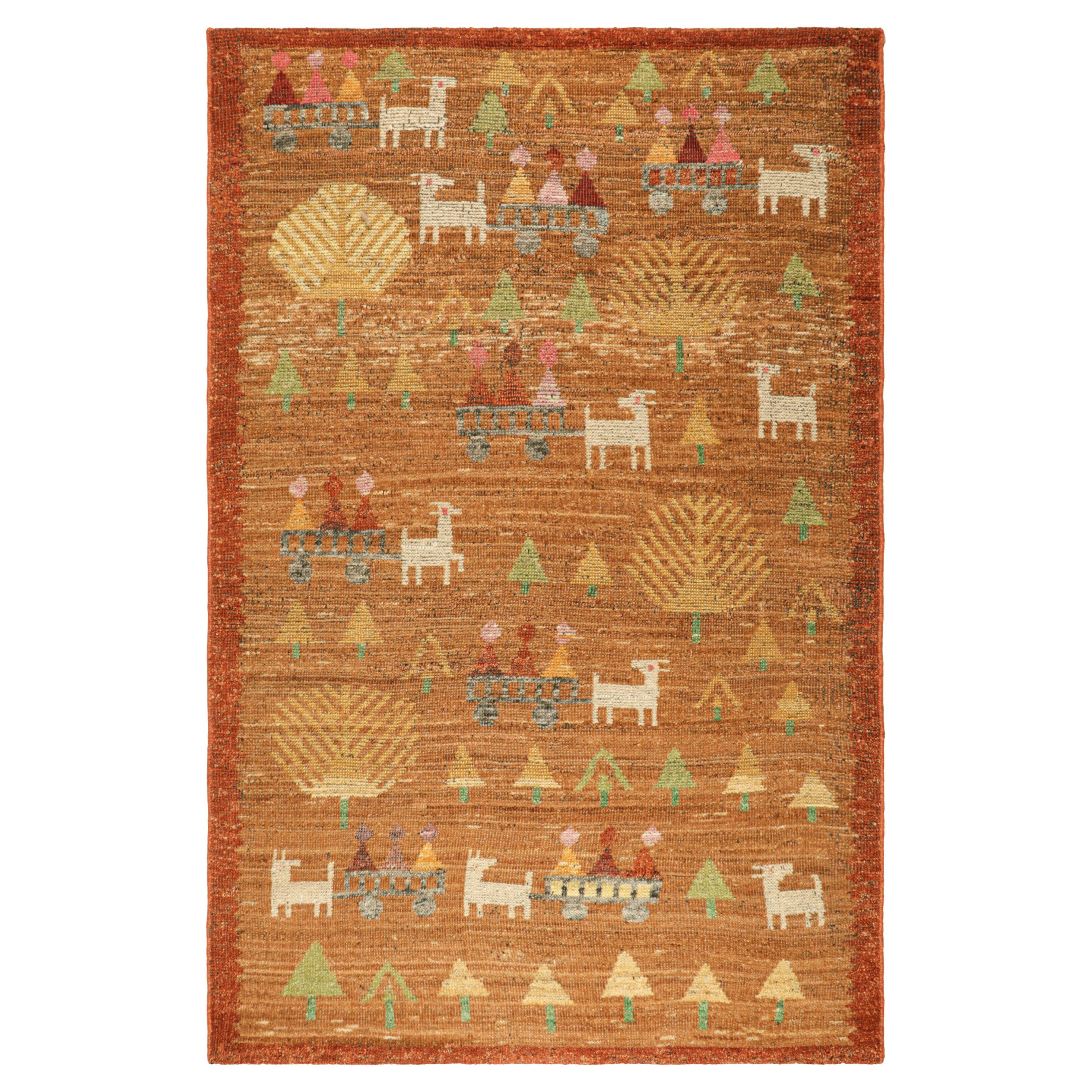 Rug & Kilim’s Swedish Style Custom Rug in Brown with Figural Geometric Patterns For Sale
