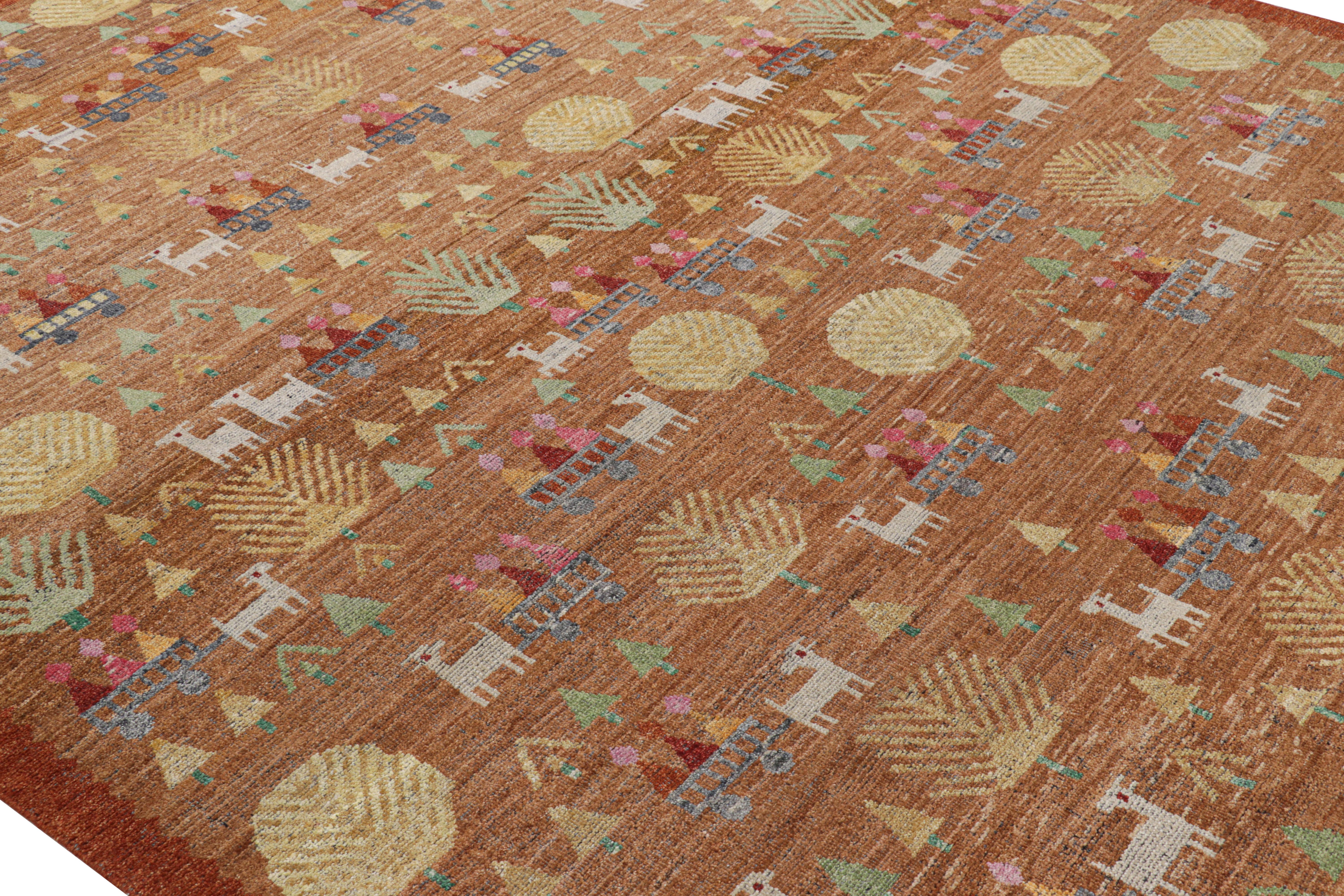 Annodato a mano in una speciale miscela di lana di Ghazni, questo tappeto 8x10 è un'entusiasmante novità della collezione Burano di Rug & Kilim, ispirata all'arte popolare scandinava di metà secolo con motivi geometrici che raffigurano animali.