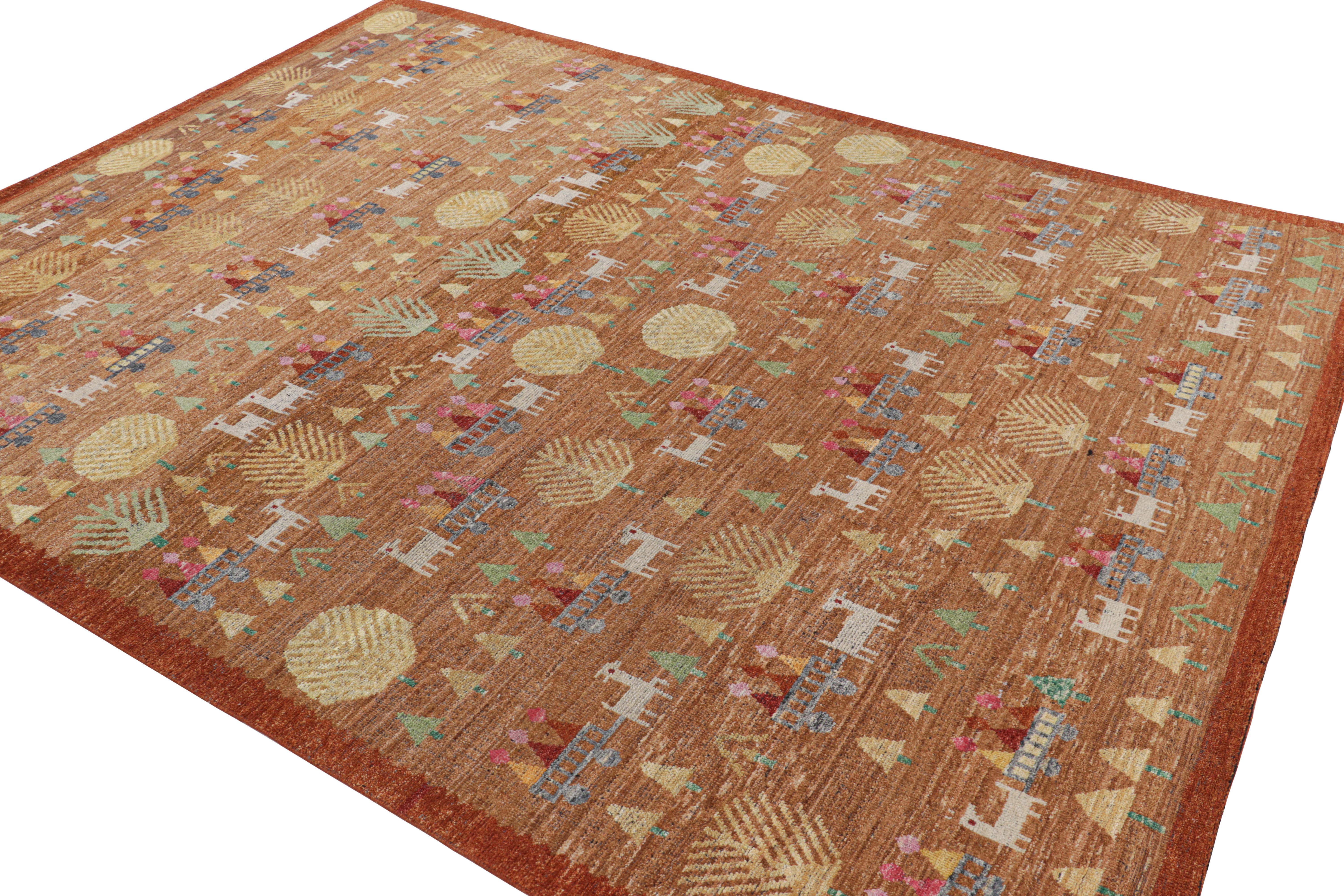 Annodato a mano Rug & Kilim è un tappeto in stile svedese in marrone con motivi geometrici figurativi in vendita