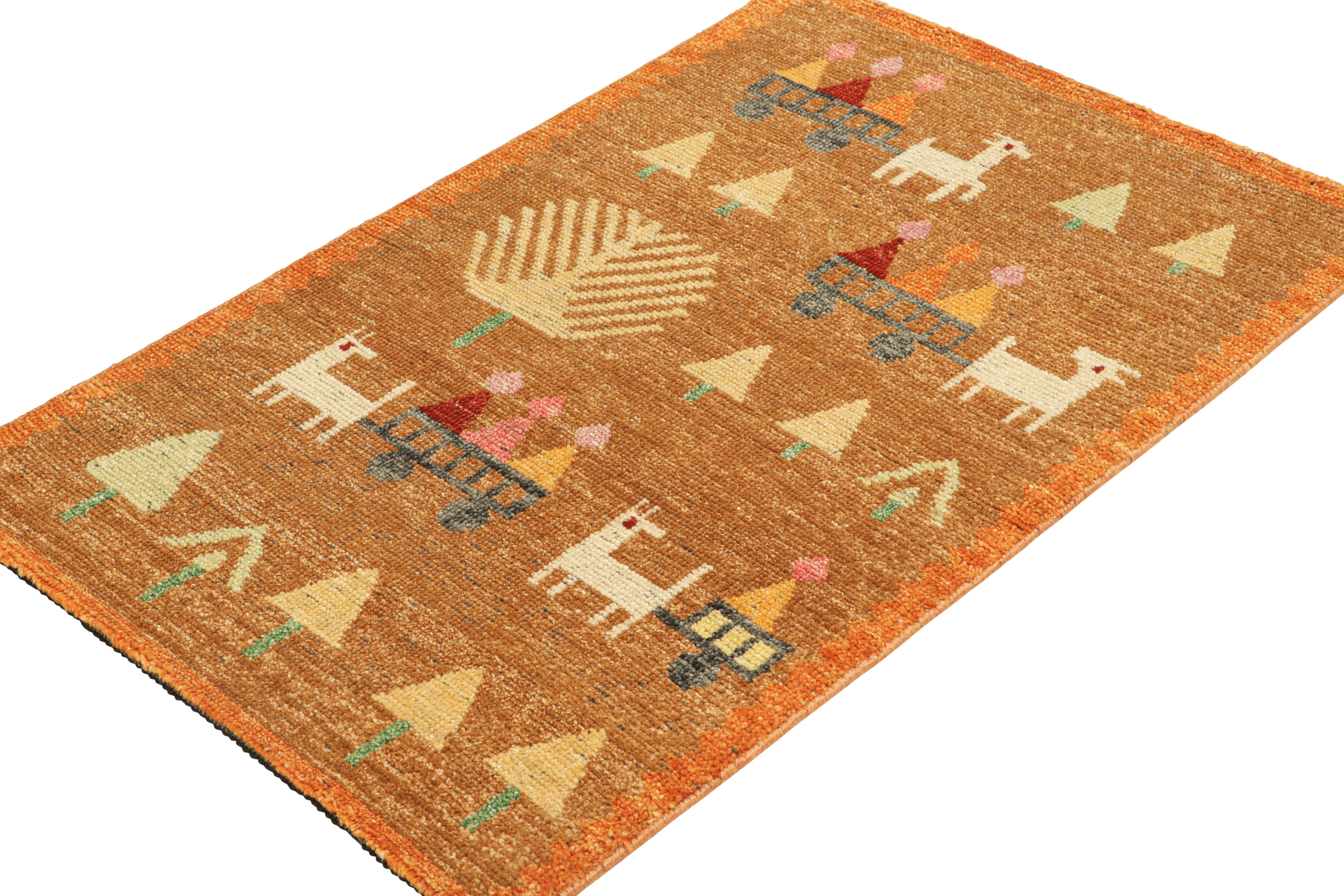 Noué à la main Rug & Kilim's Swedish Style Rug in Brown With Figural Geometric Patterns (Tapis de style suédois à motifs géométriques figuratifs) en vente