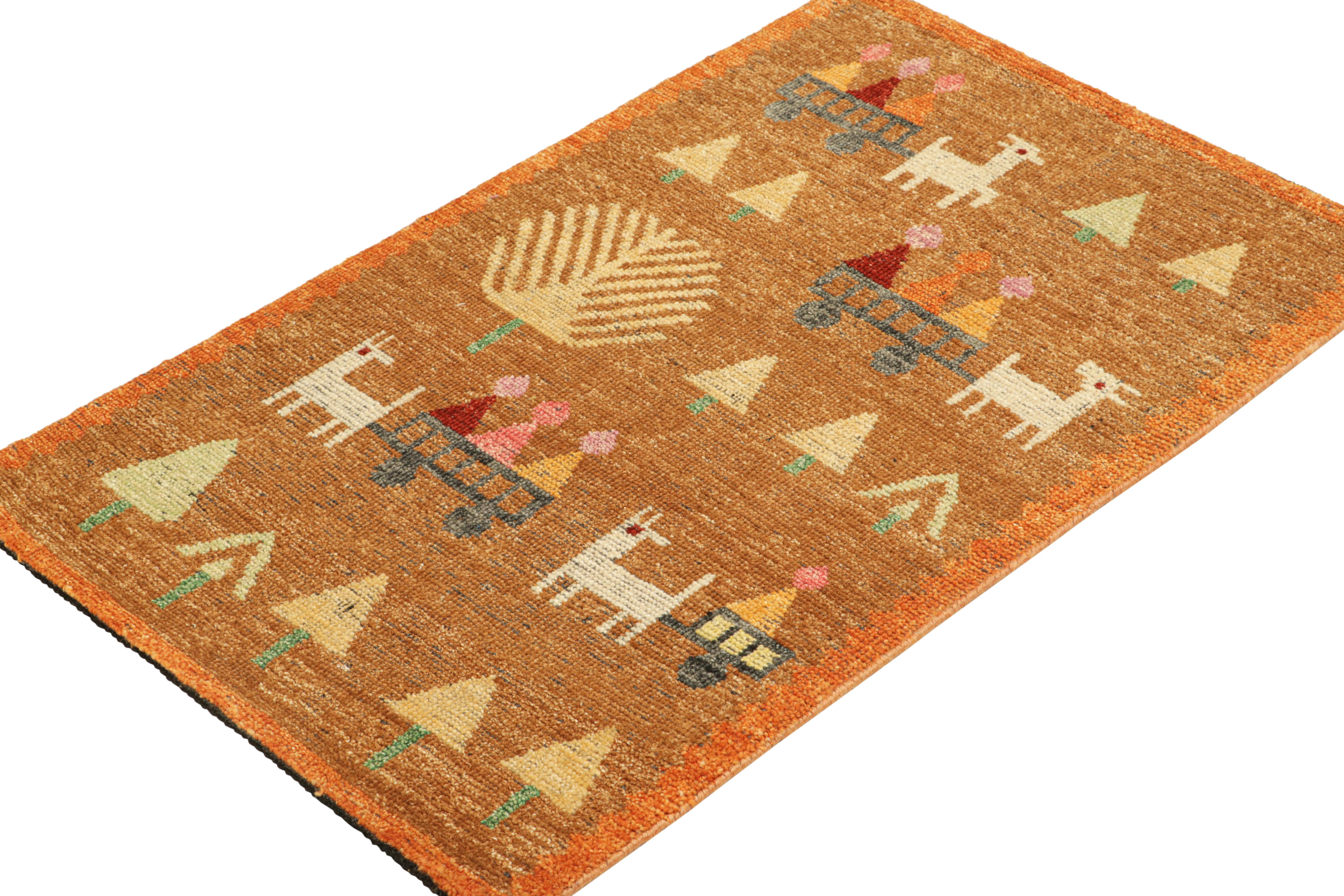 Annodato a mano Rug & Kilim è un tappeto in stile svedese in marrone con motivi geometrici figurativi in vendita