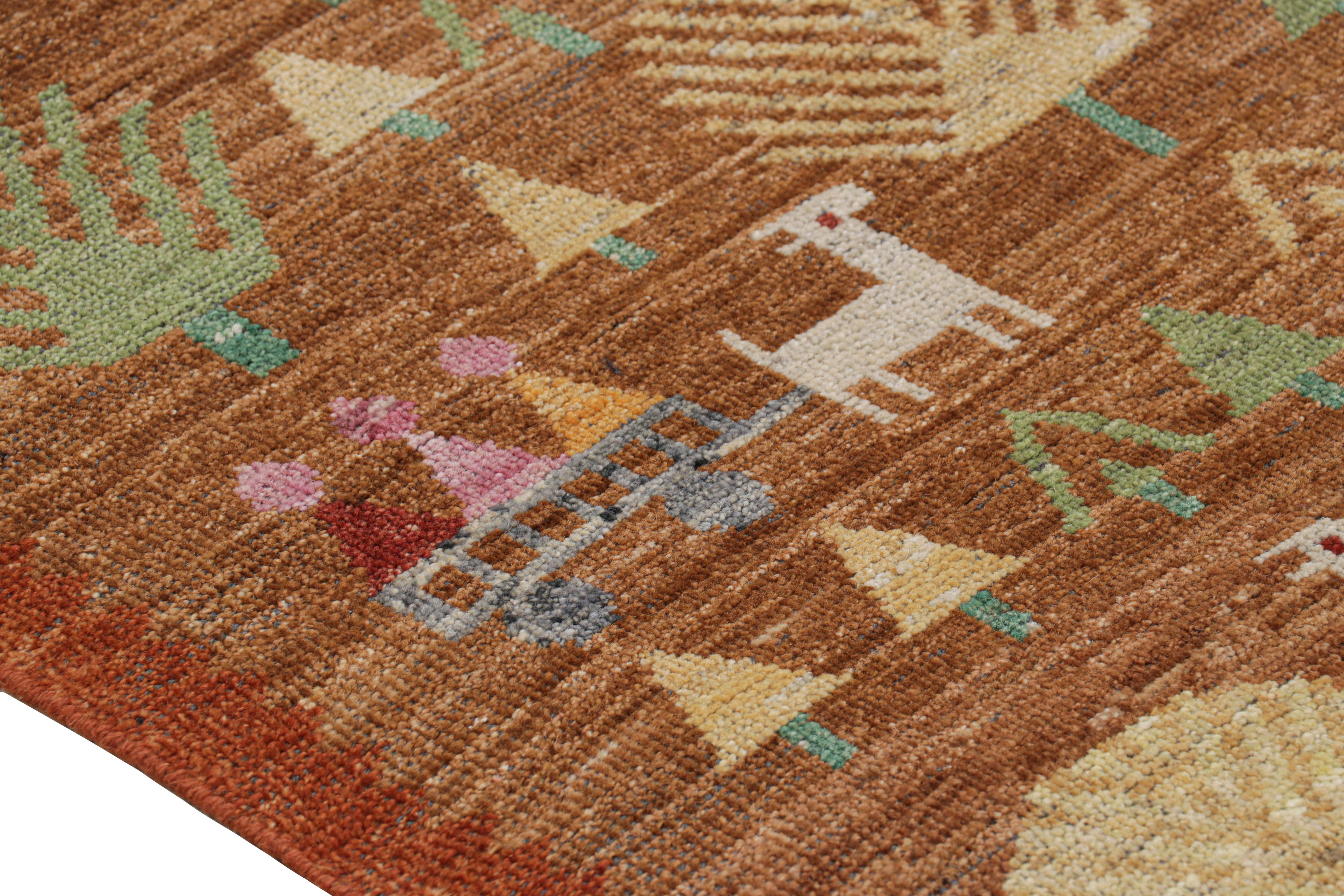 Arte popolare Tappeto Runner in stile svedese di Rug & Kilim in marrone con motivi geometrici figurativi in vendita