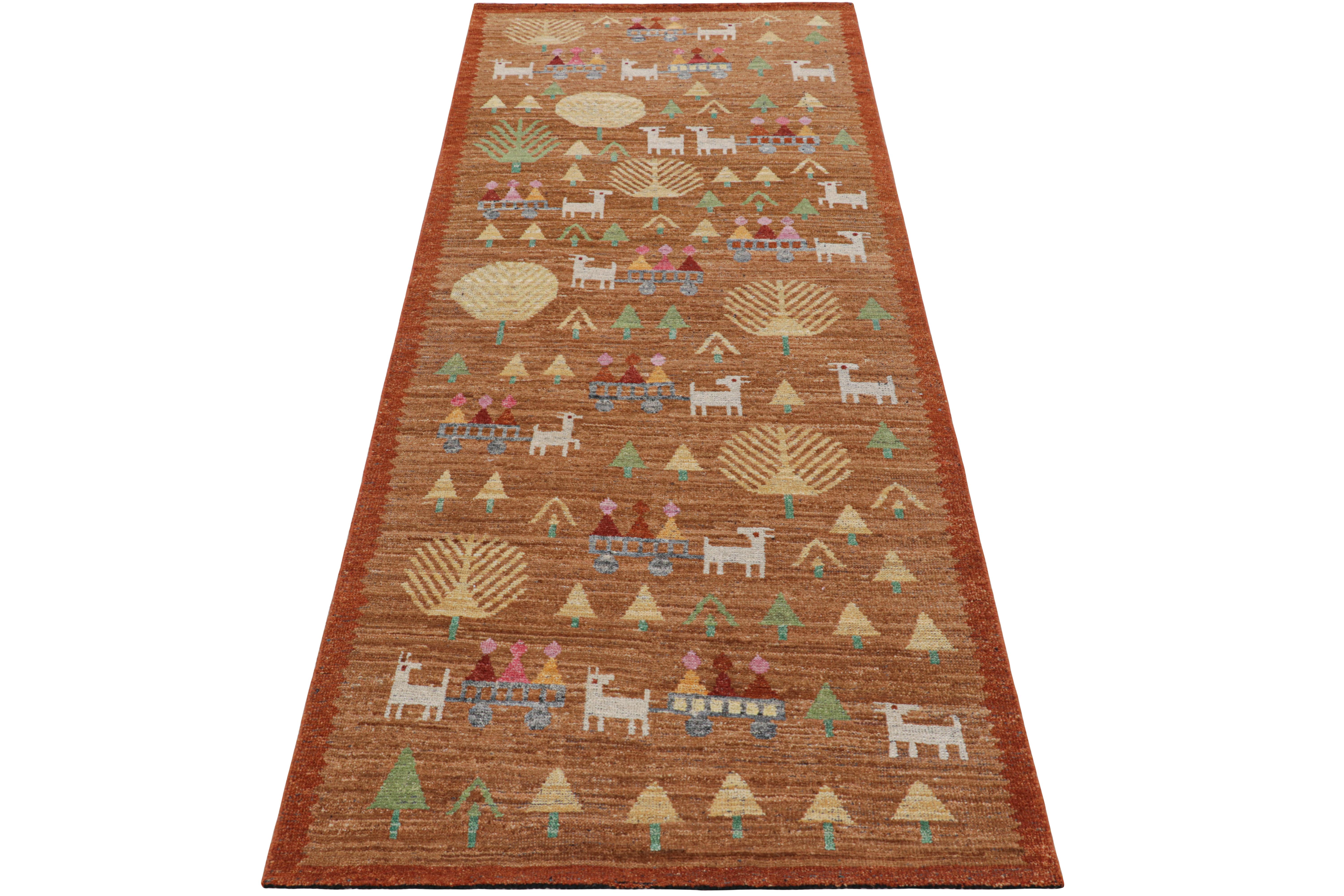 Indiano Tappeto Runner in stile svedese di Rug & Kilim in marrone con motivi geometrici figurativi in vendita
