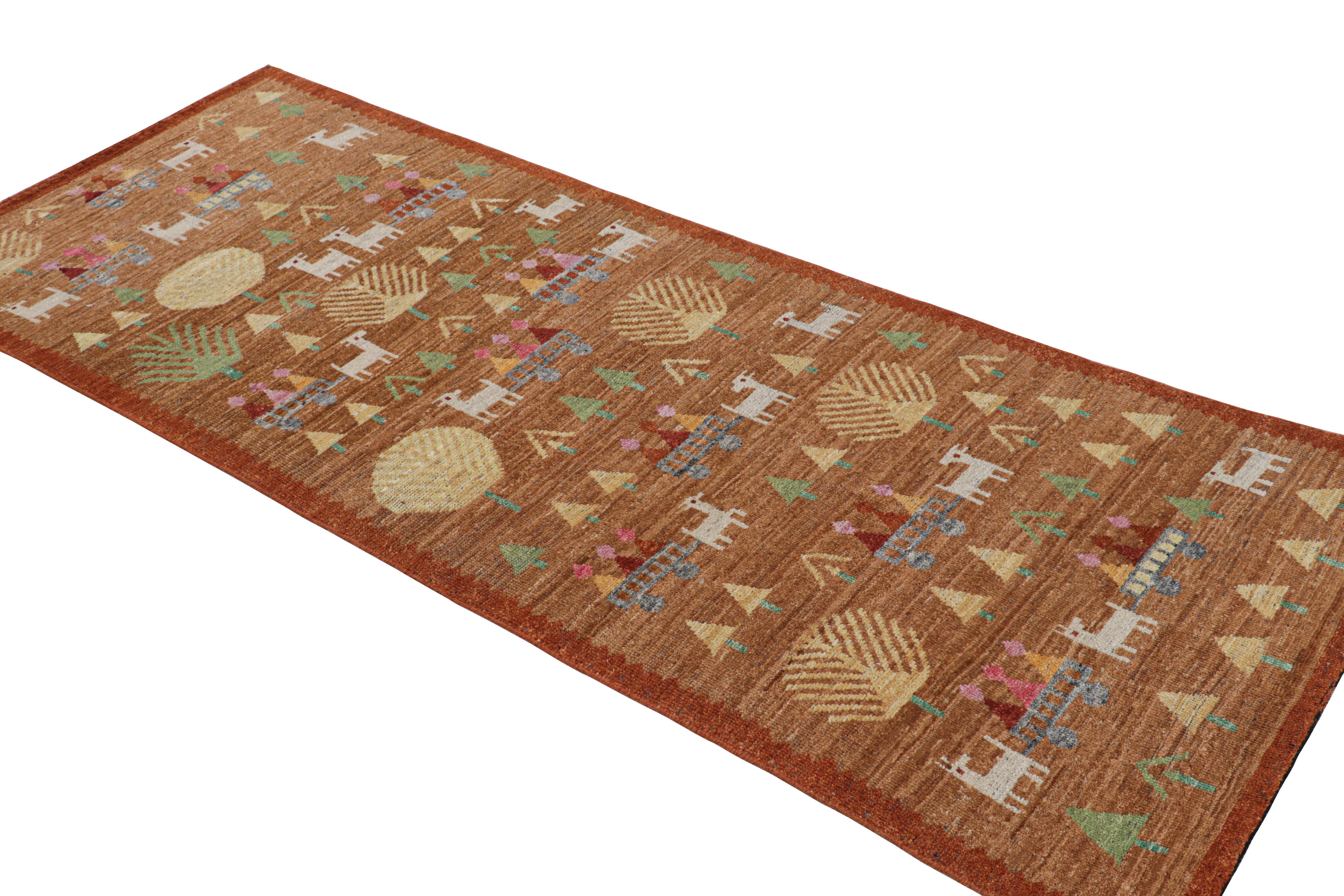 Annodato a mano Tappeto Runner in stile svedese di Rug & Kilim in marrone con motivi geometrici figurativi in vendita