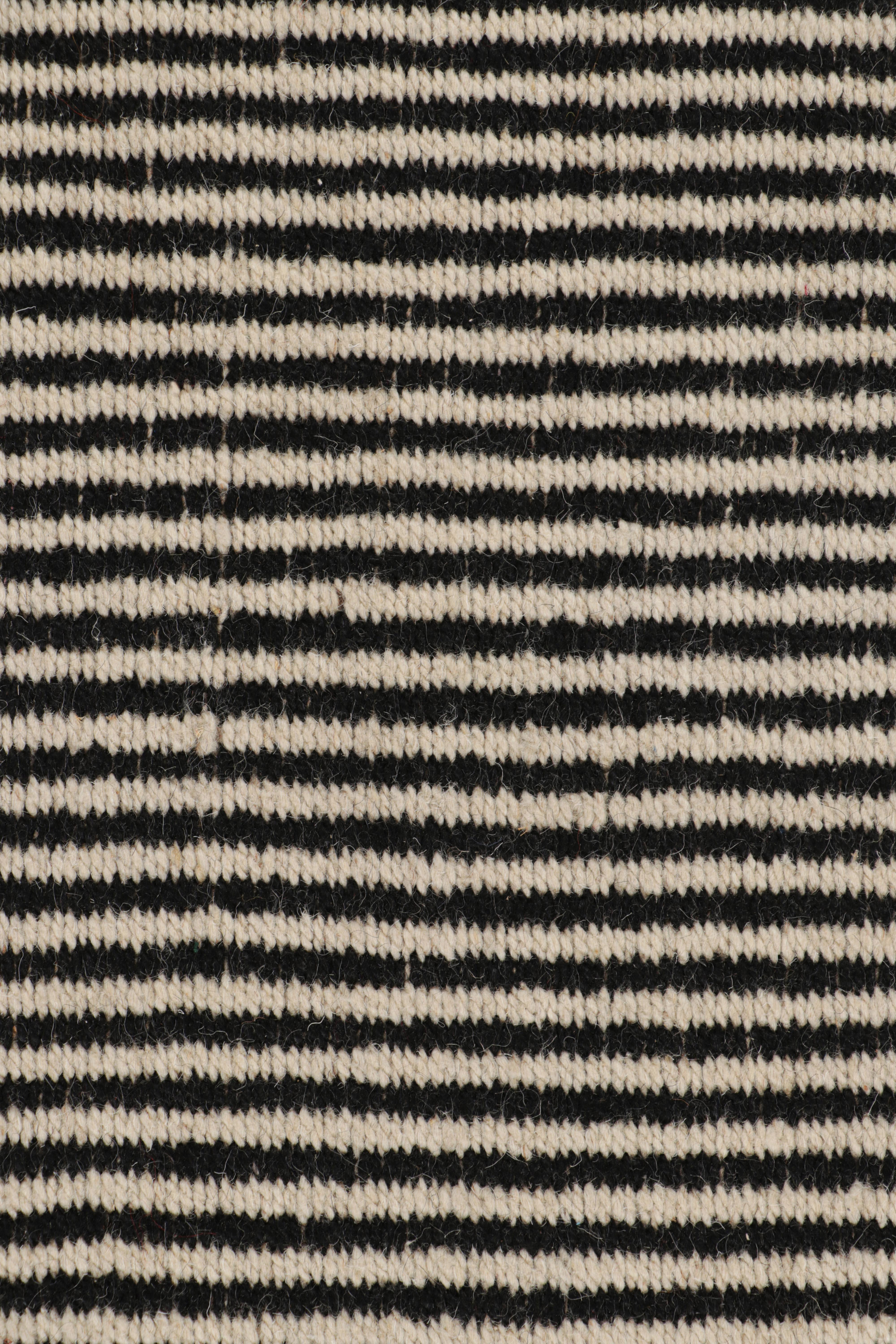 Modern Rug & Kilim’s Table Runner Kilim in White and Black Textural Stripes For Sale