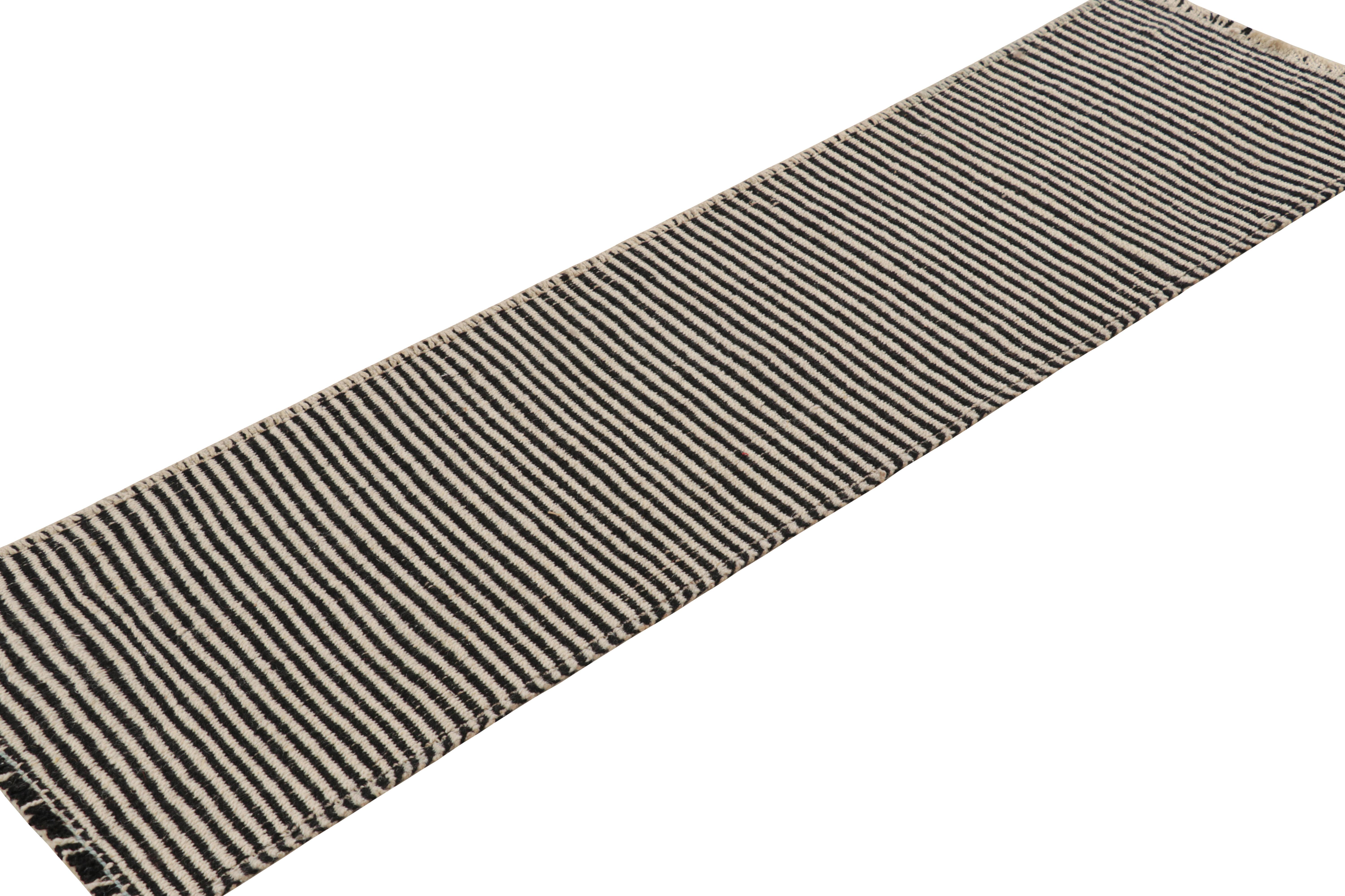 Turkish Rug & Kilim’s Table Runner Kilim in White and Black Textural Stripes For Sale