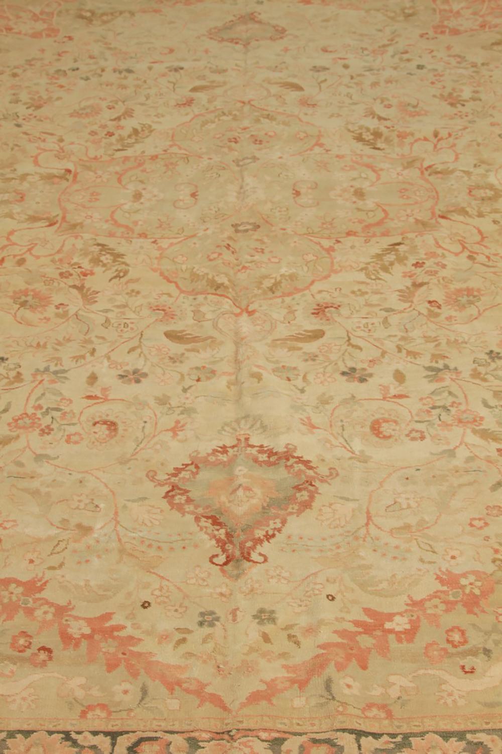 Hand-Knotted Rug & Kilim's Tabriz Style Medallion Floral Cream Pink and Green Wool Rug For Sale