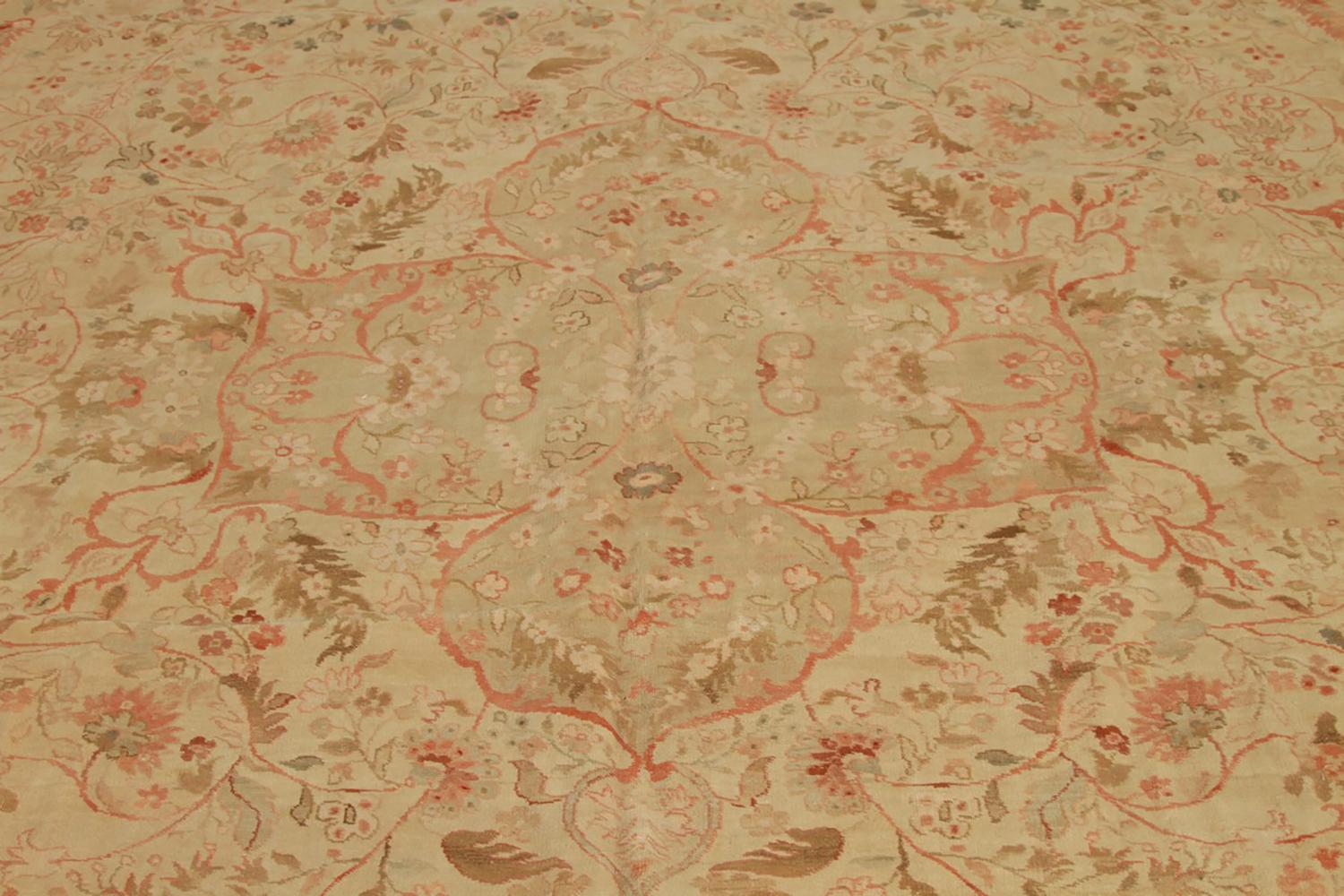 Rug & Kilim's Tabriz Style Medallion Floral Cream Pink and Green Wool Rug In New Condition For Sale In Long Island City, NY