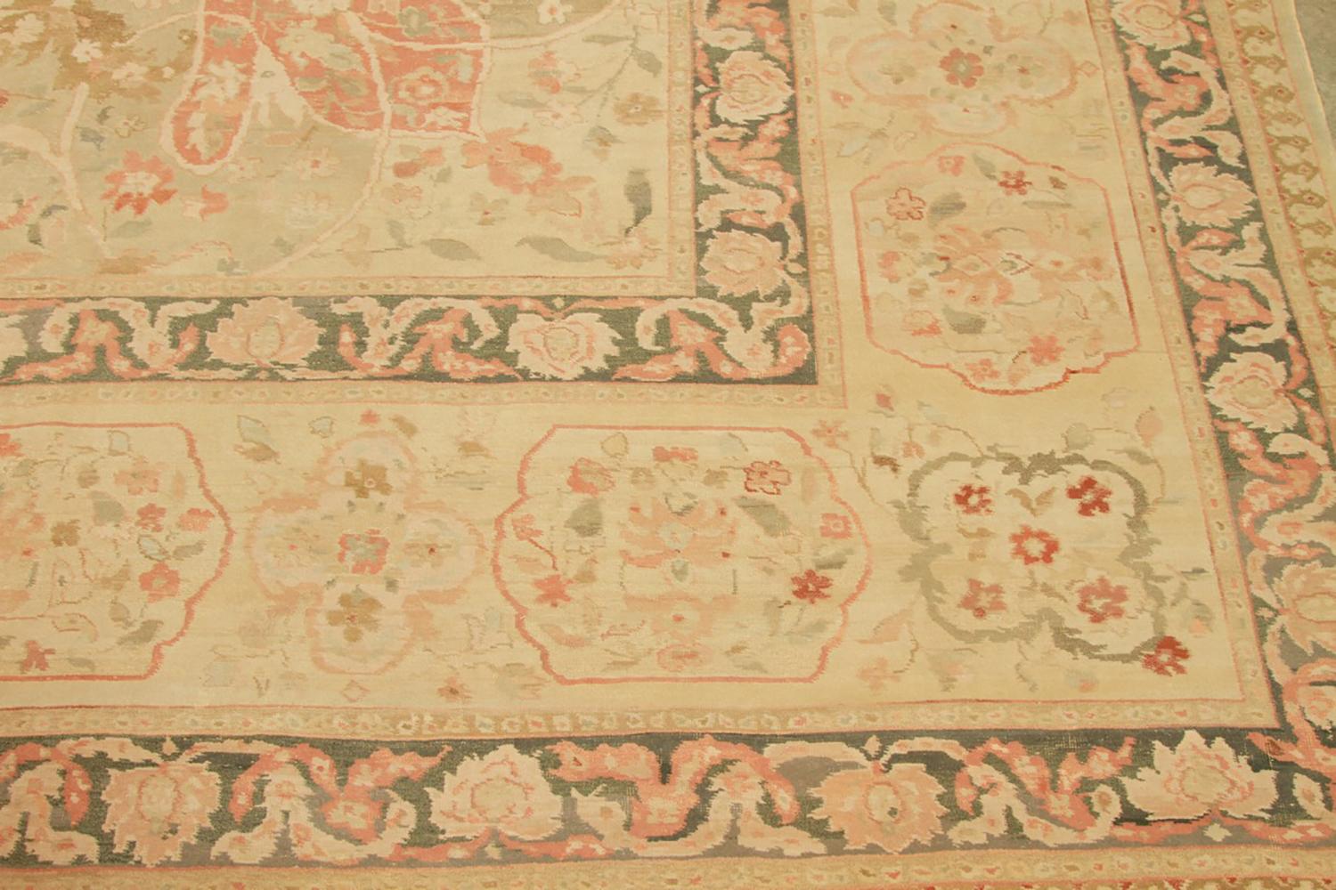 Contemporary Rug & Kilim's Tabriz Style Medallion Floral Cream Pink and Green Wool Rug For Sale