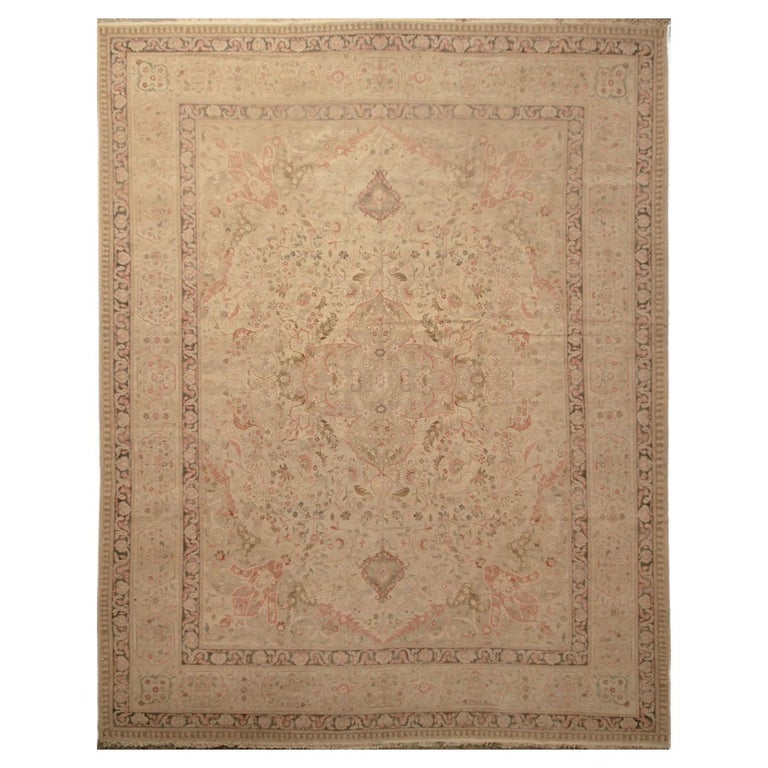 Rug and Kilim's Tabriz Style Medallion Floral Cream Pink and Green Wool