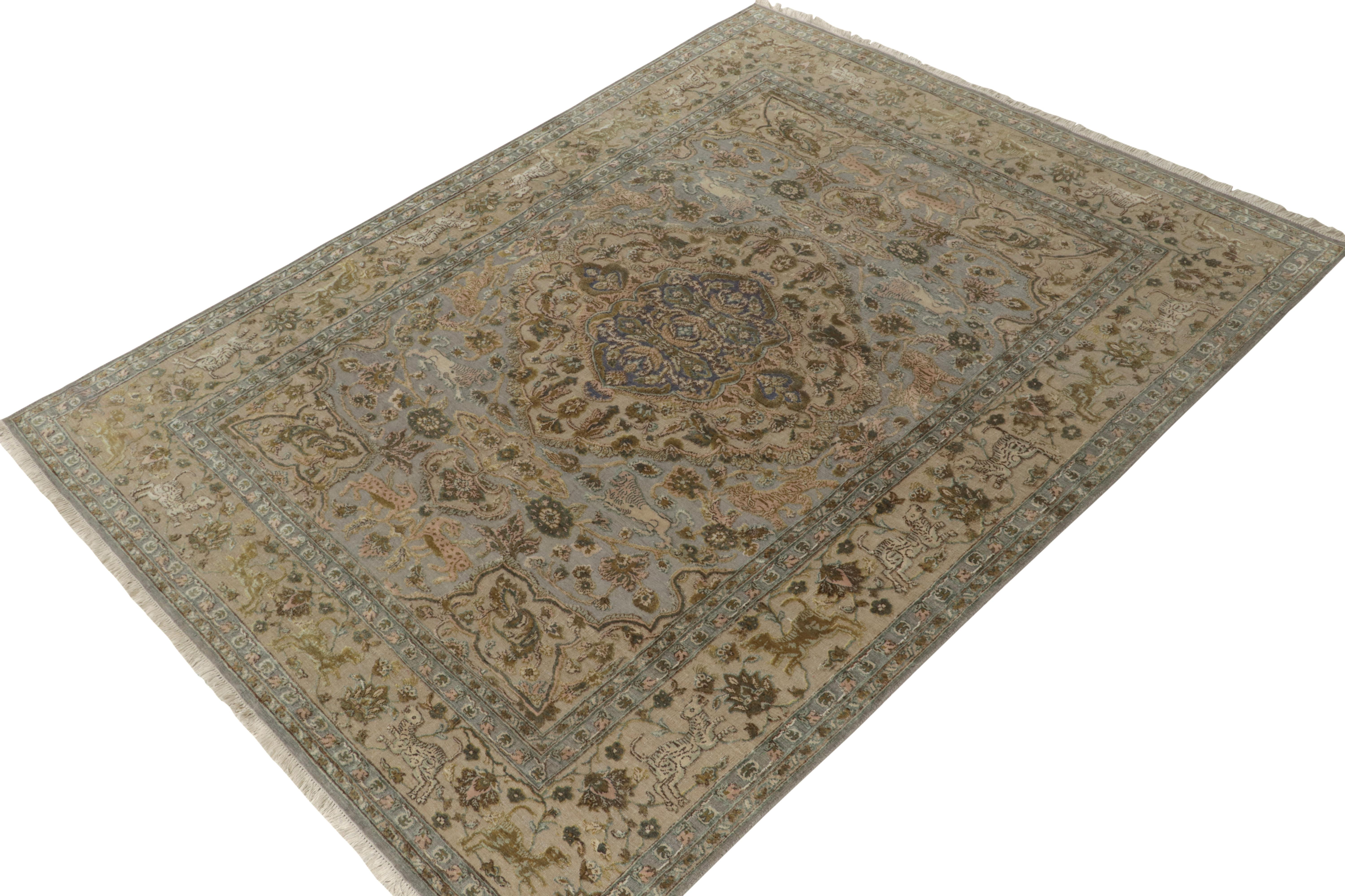 Hand-knotted in fine wool & silk, this 8x10 from our Modern Classics collection draws inspiration from the most regal antique Tabriz rug styles. 

On the Design: The gracious scale carries pictorial styles depicting animal representations, which