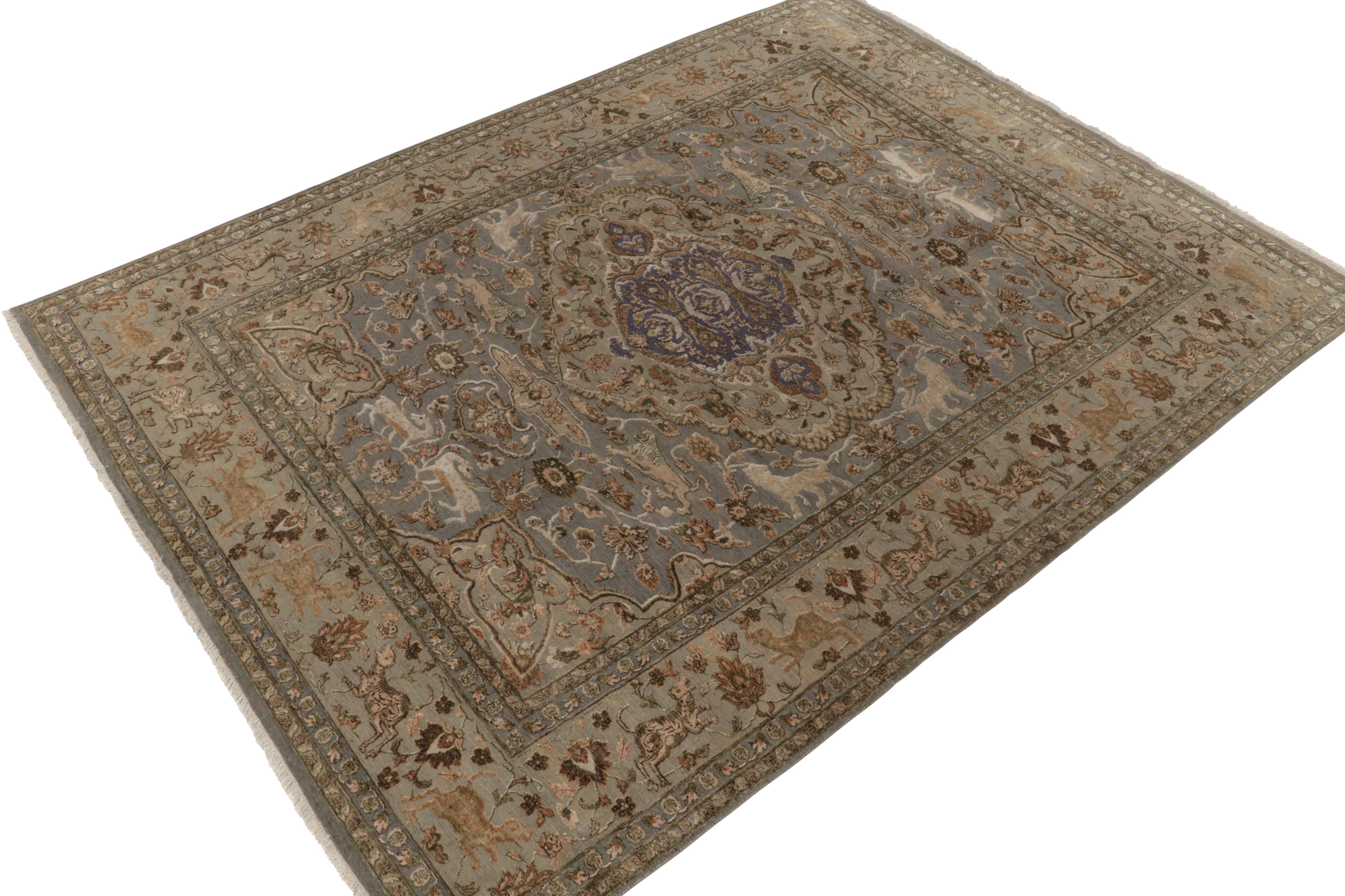 Hand-knotted in fine wool & silk, this 9x12 from our Modern Classics collection draws inspiration from the most regal antique Tabriz rug styles. 

On the Design: The gracious scale carries pictorial styles depicting animal representations, which