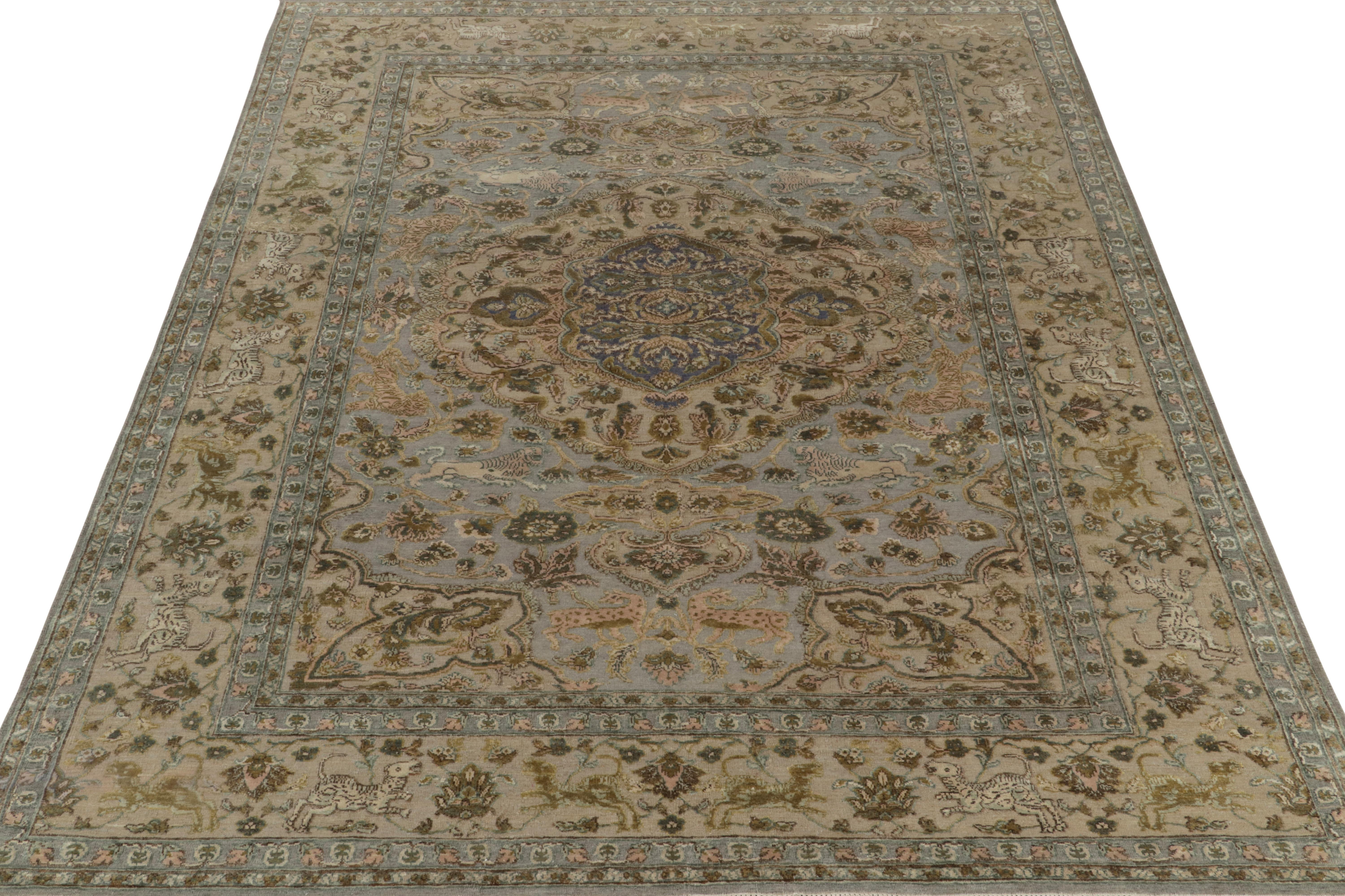 Indian Rug & Kilim’s Tabriz style Medallion rug in Blue, Green & Beige-Brown Pictorials For Sale