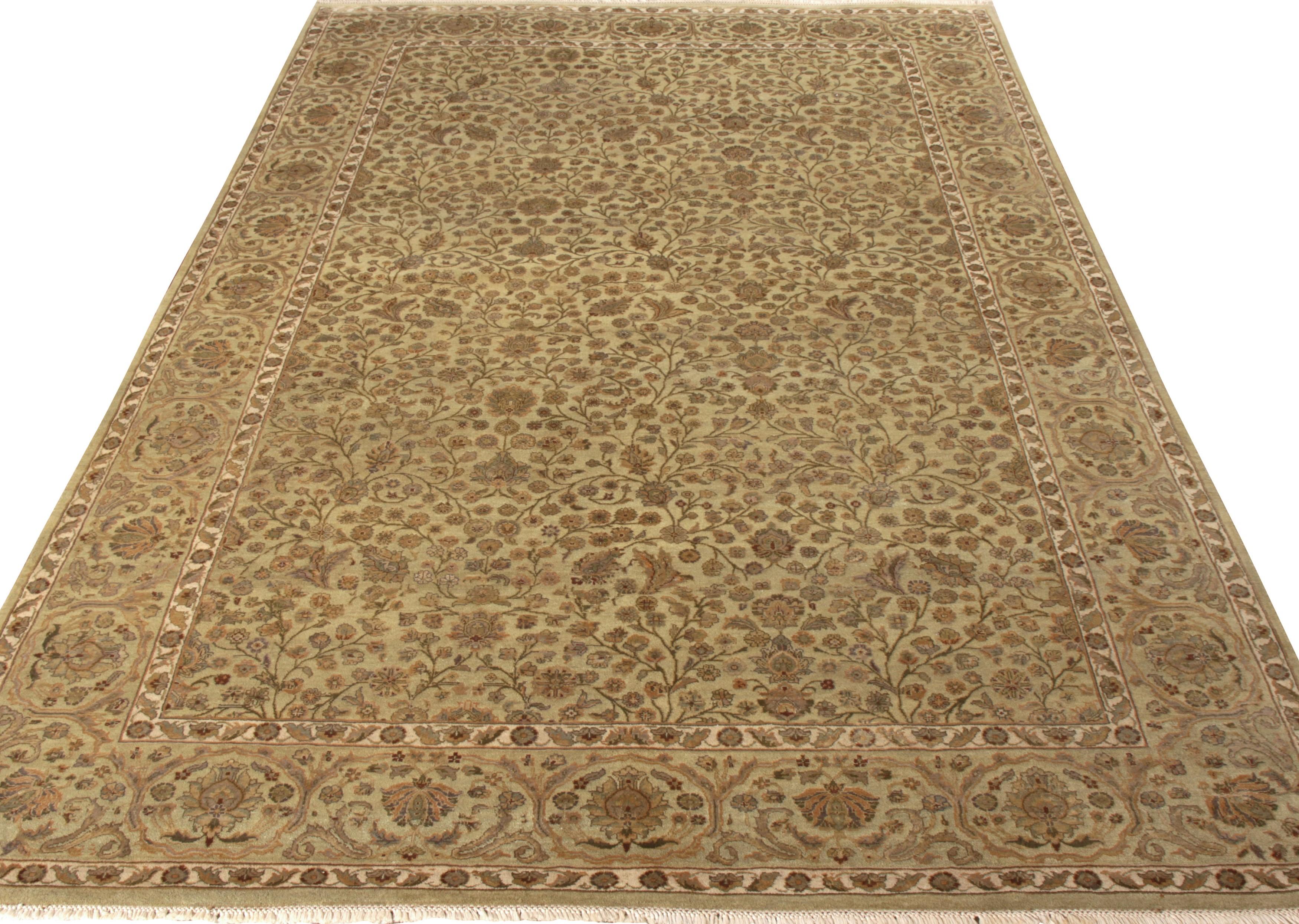 Pakistani Rug & Kilim’s Tabriz Style Rug in All over Green, Beige-Brown Floral Pattern For Sale