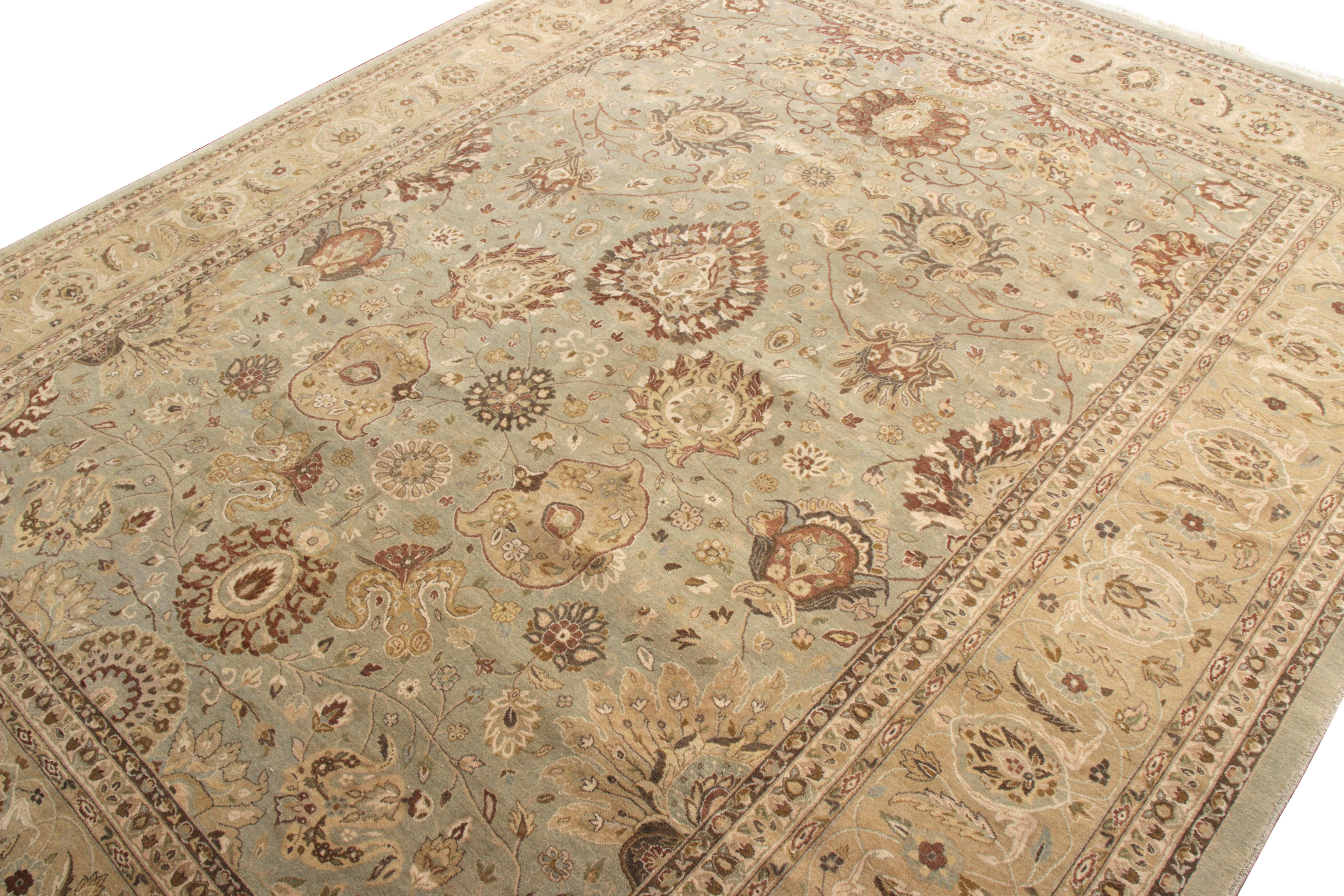 Pakistani Rug & Kilim’s Tabriz style Rug in Beige-Brown and Green Floral Pattern