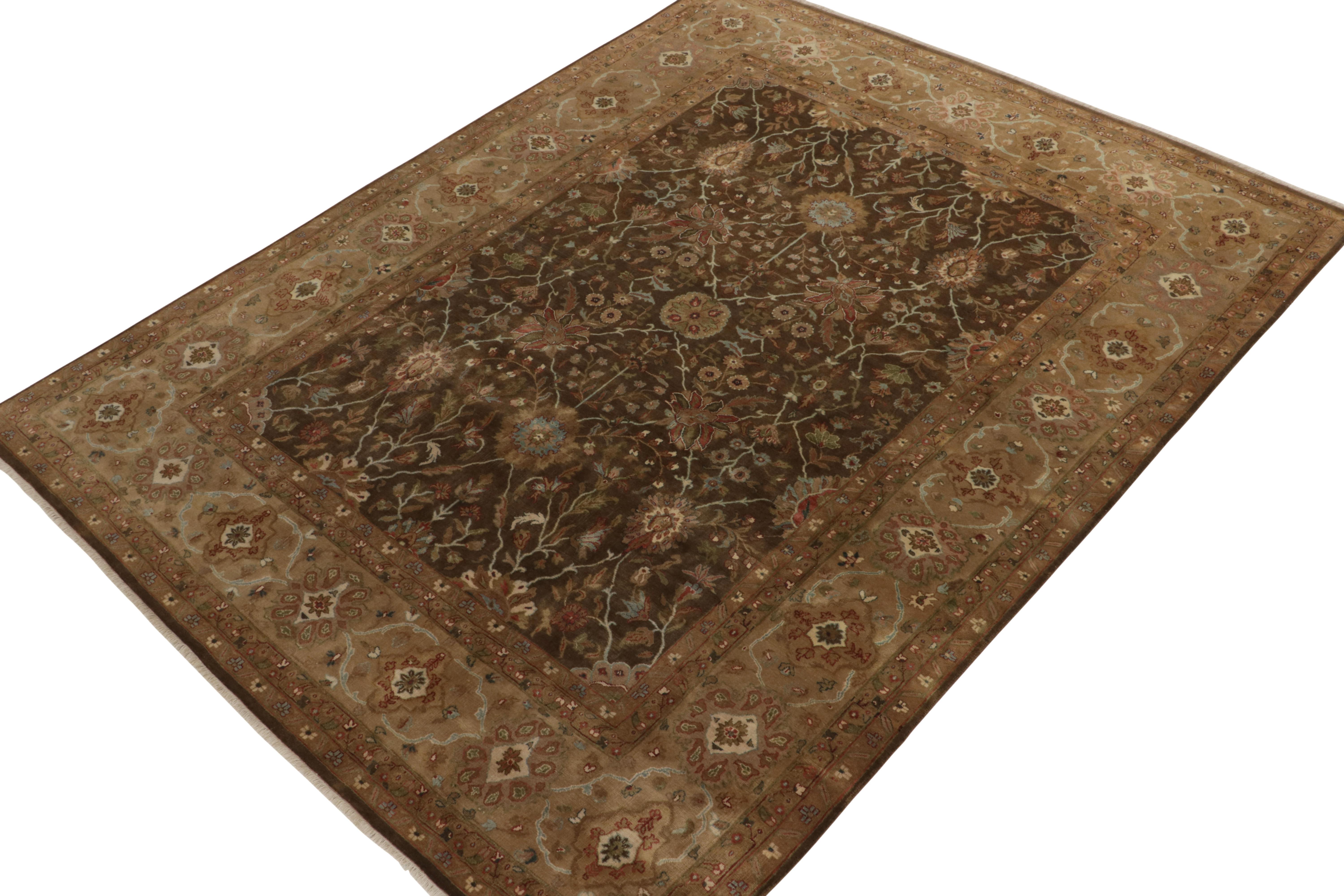Hand-knotted in wool & silk, this 8x10 from our Modern Classics collection draws inspiration from coveted antique Tabriz rug designs. 

On the Design: The gracious scale enjoys all over floral patterns in rich brown and beige with subtle blue and