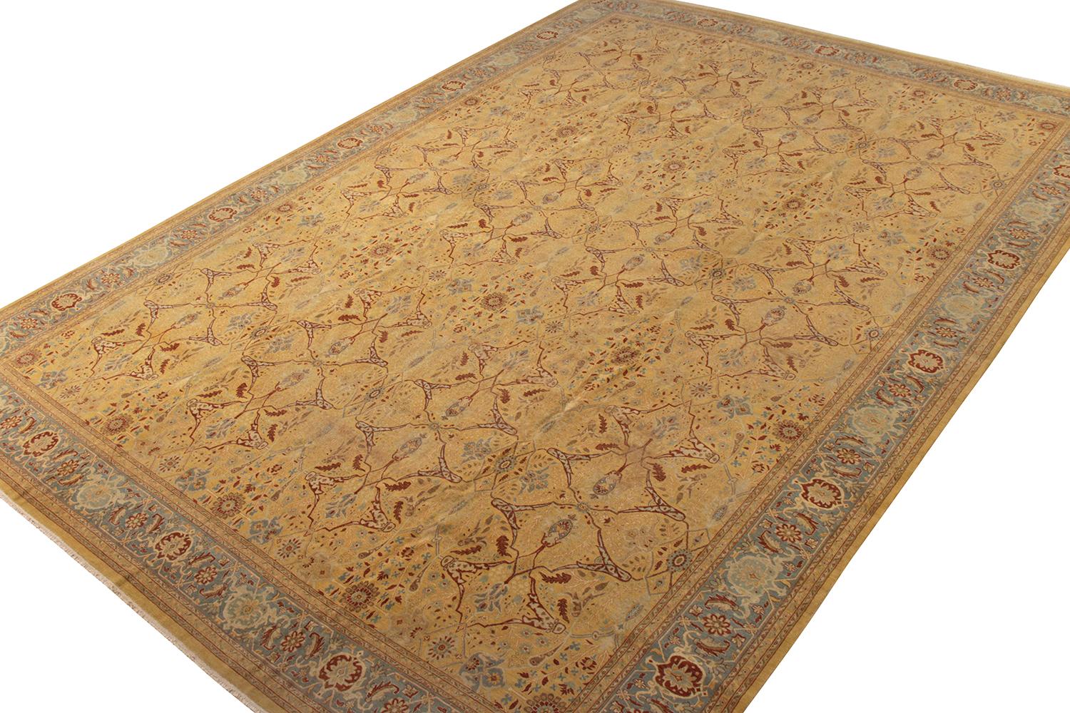 Indian Rug & Kilim’s Tabriz Style Rug in Beige Gold Floral Pattern For Sale