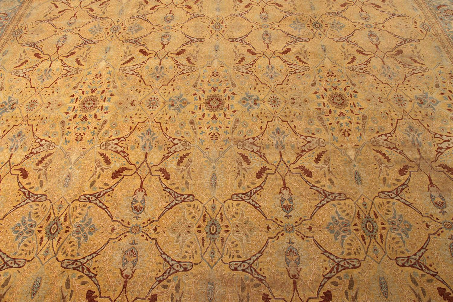 Hand-Knotted Rug & Kilim’s Tabriz Style Rug in Beige Gold Floral Pattern For Sale