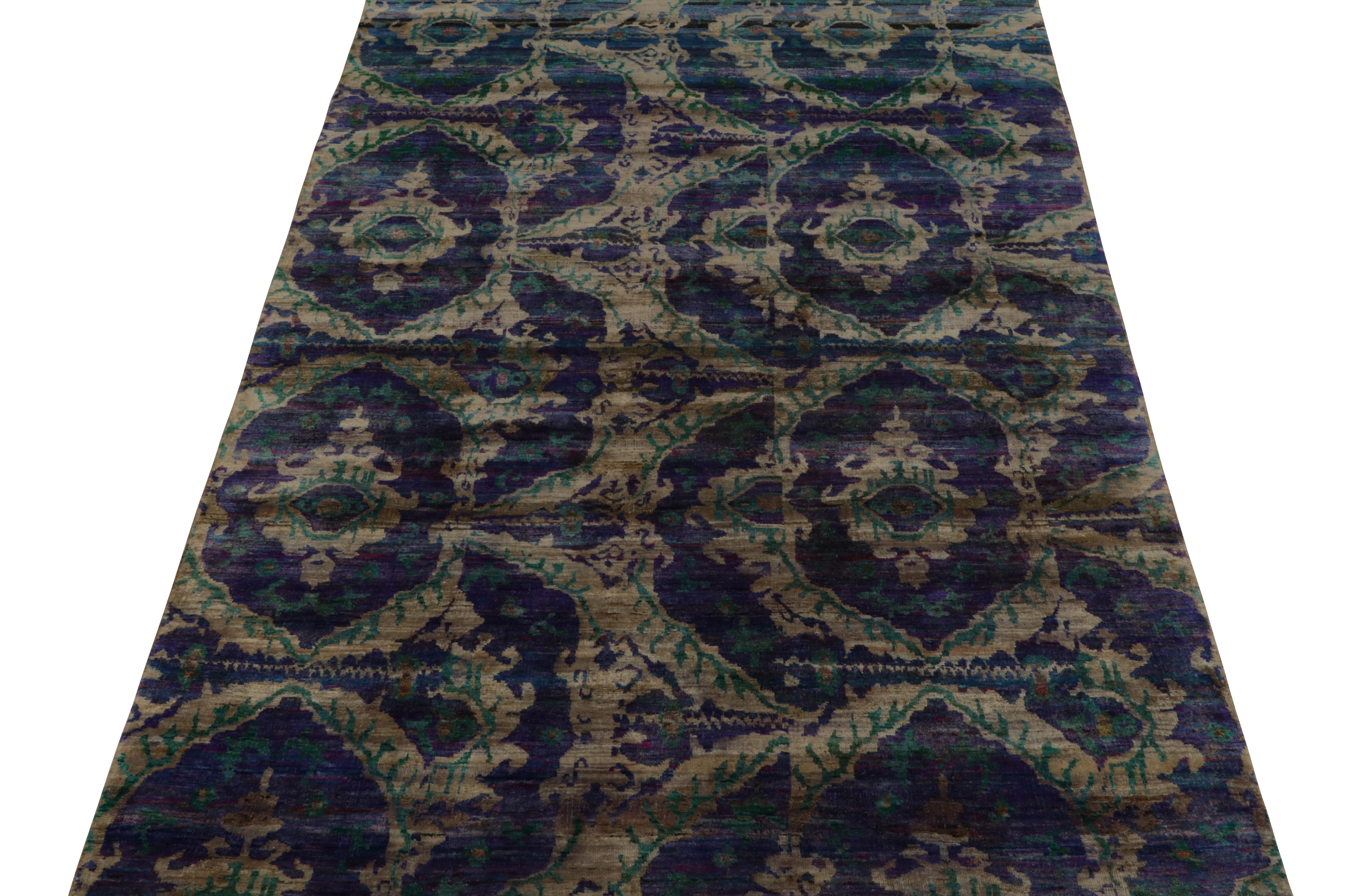 Indian Rug & Kilim’s Tabriz Style Rug in Blue with Green and Brown Ikats Patterns For Sale