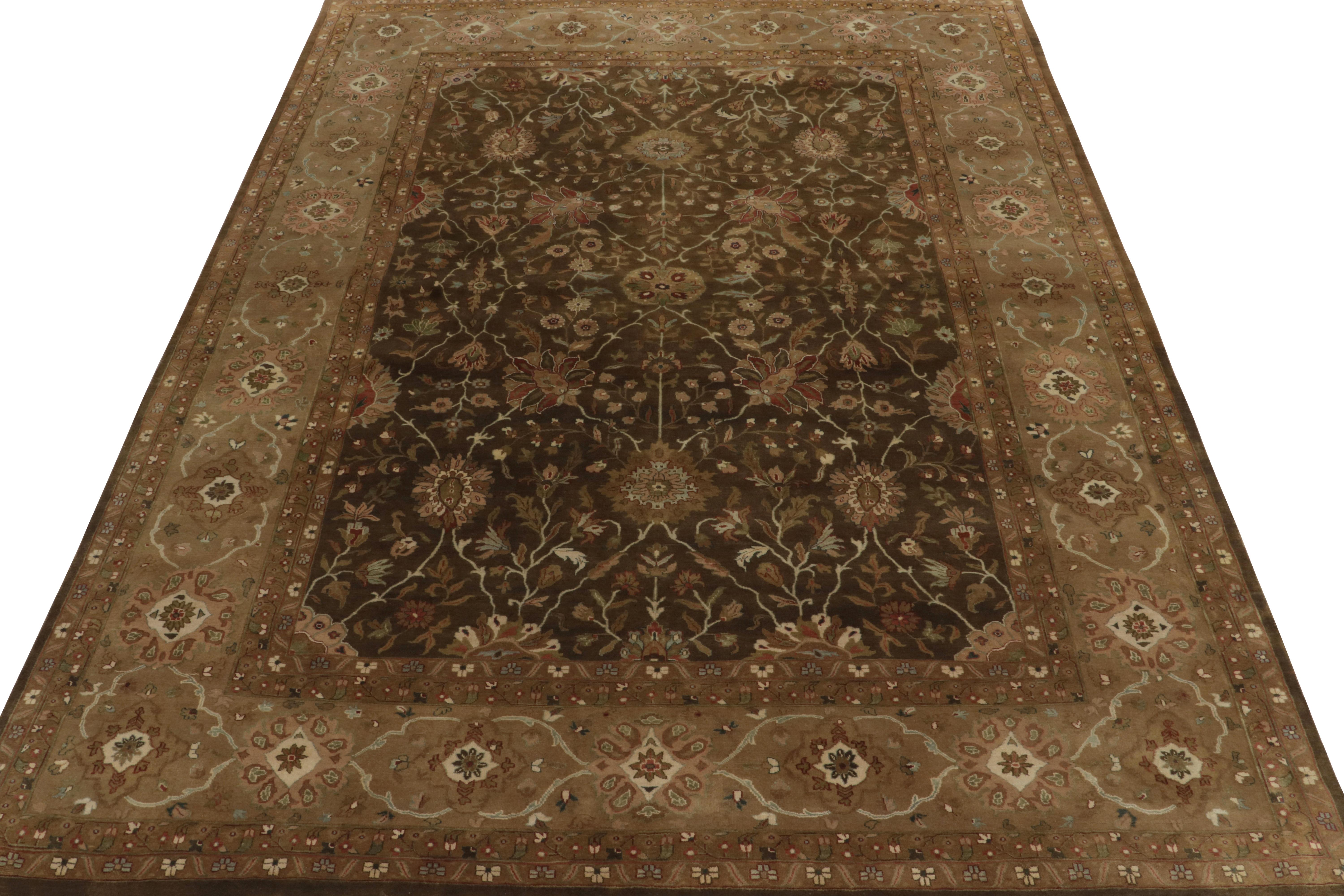 Indian Rug & Kilim’s Tabriz style rug in Brown, Gold and Green Floral Patterns For Sale