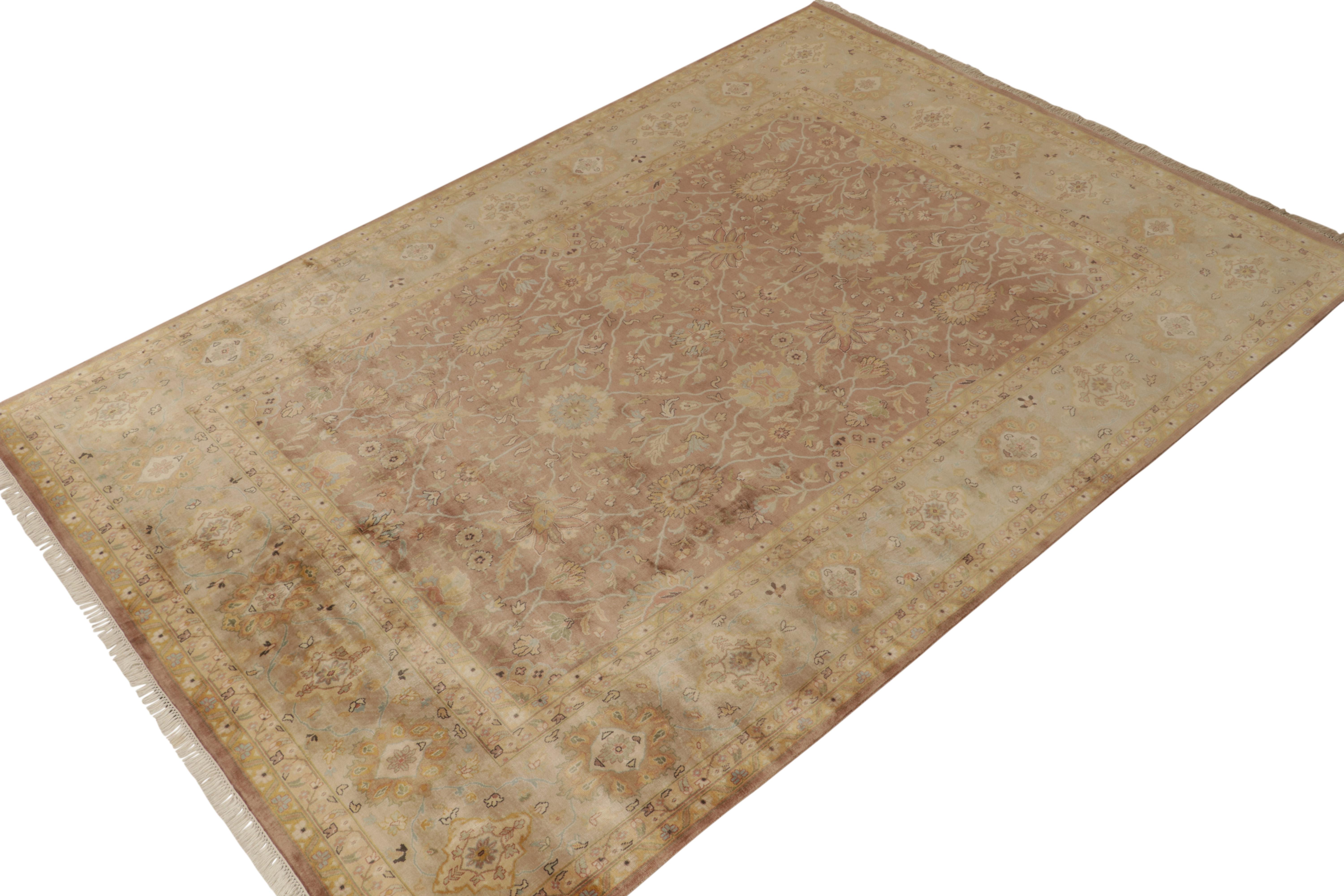 Hand-knotted in silk, this 8x11 from our Modern Classics collection is an ode to time-honored antique Tabriz rug styles. 

On the design: Favoring the Herati pattern, the gracious scale enjoys an elaborate floral pattern in gold & blue atop rich