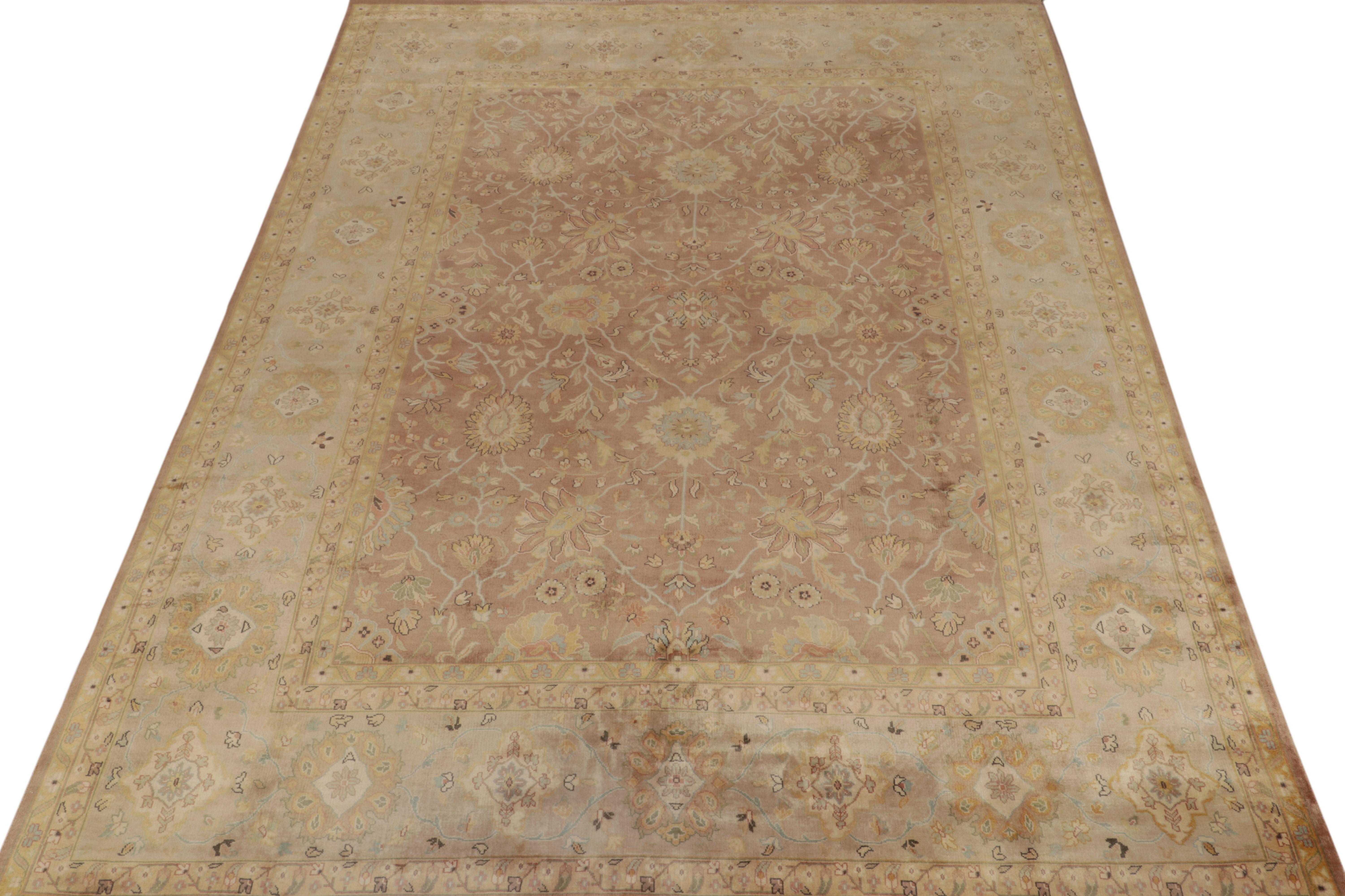 Indian Rug & Kilim’s Tabriz Style Rug in Brown with Gold & Blue Floral Patterns For Sale