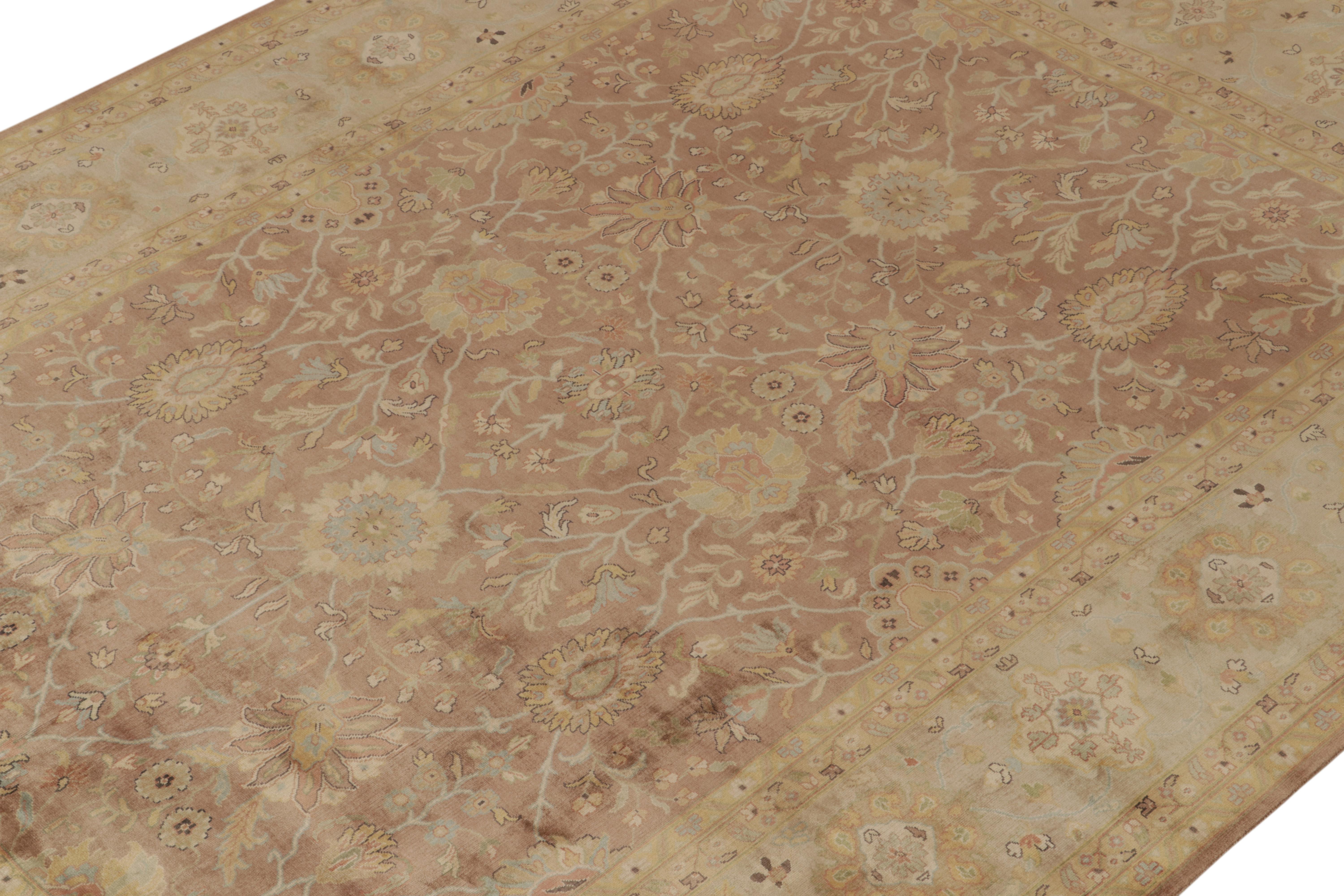 Hand-Knotted Rug & Kilim’s Tabriz Style Rug in Brown with Gold & Blue Floral Patterns For Sale