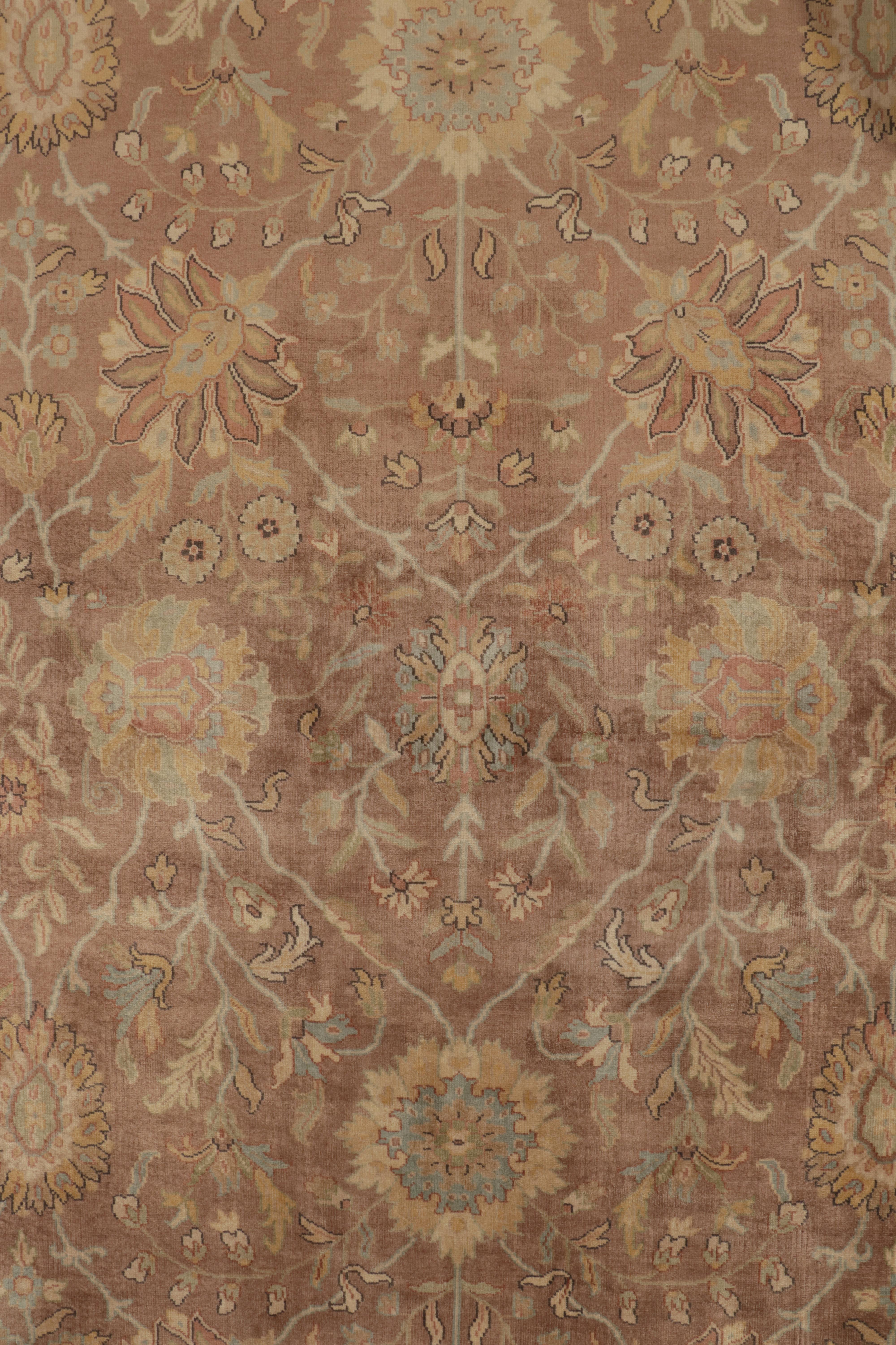 Contemporary Rug & Kilim’s Tabriz Style Rug in Brown with Gold & Blue Floral Patterns For Sale