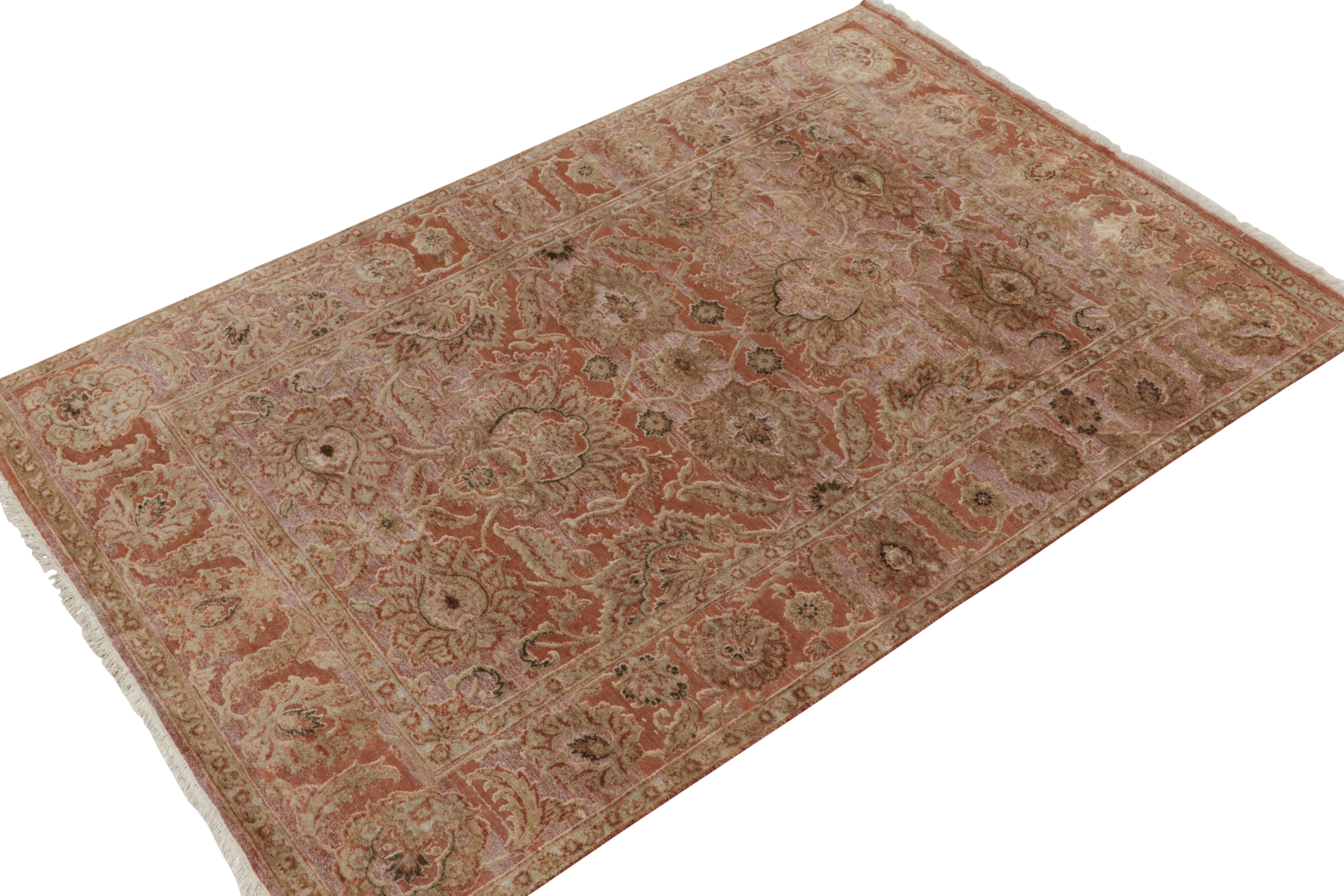 Hand-knotted in luxurious wool & silk, this 6x9 rug from our Modern Classics collection draws inspiration from antique Tabriz rugs. 

On the Design: The piece reads with more of a garden design reimagined in the most unusual rust, pink & beige-brown