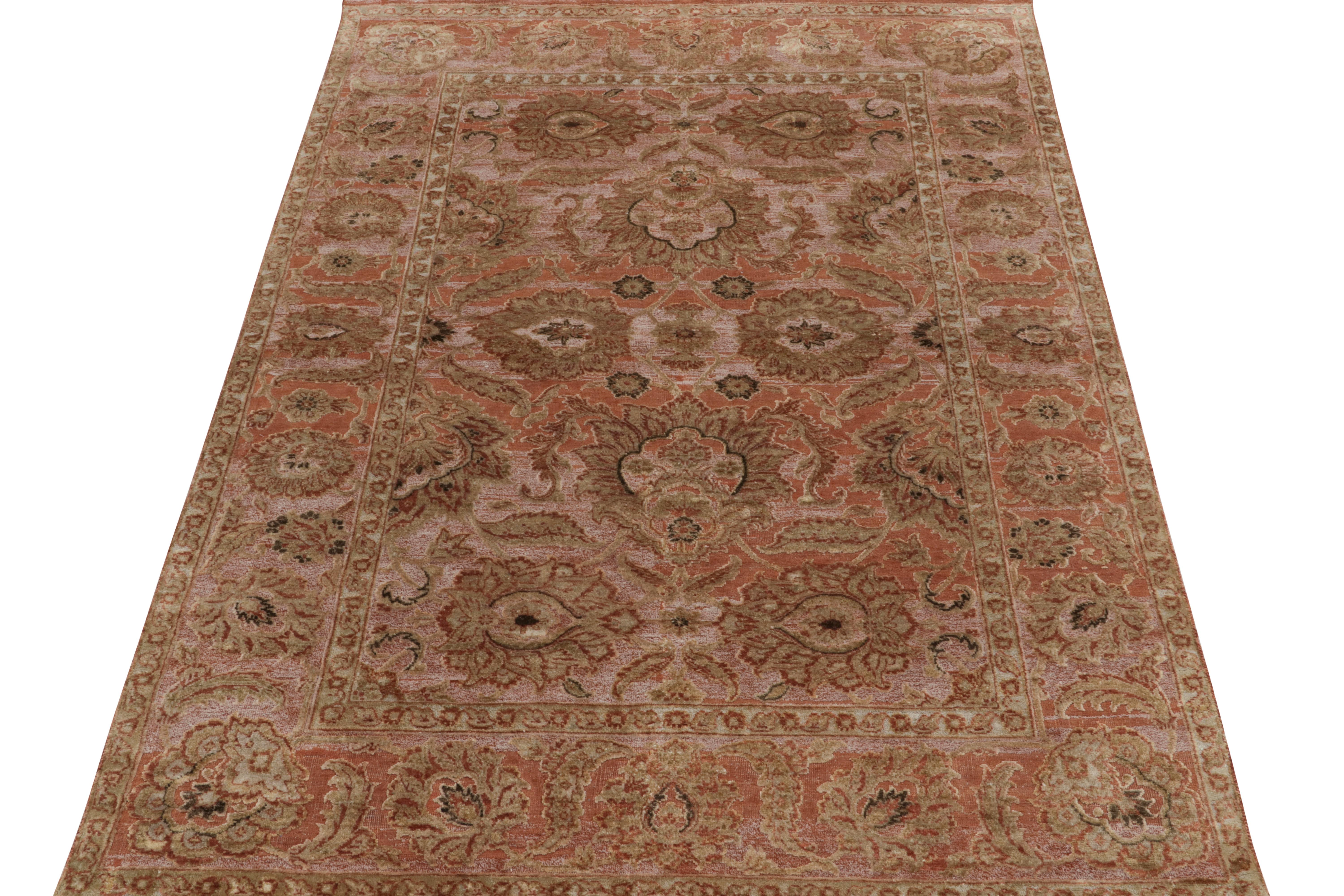 Indian Rug & Kilim’s Tabriz Style Rug in Rust Red, Pink and Beige-Brown Floral Patterns For Sale
