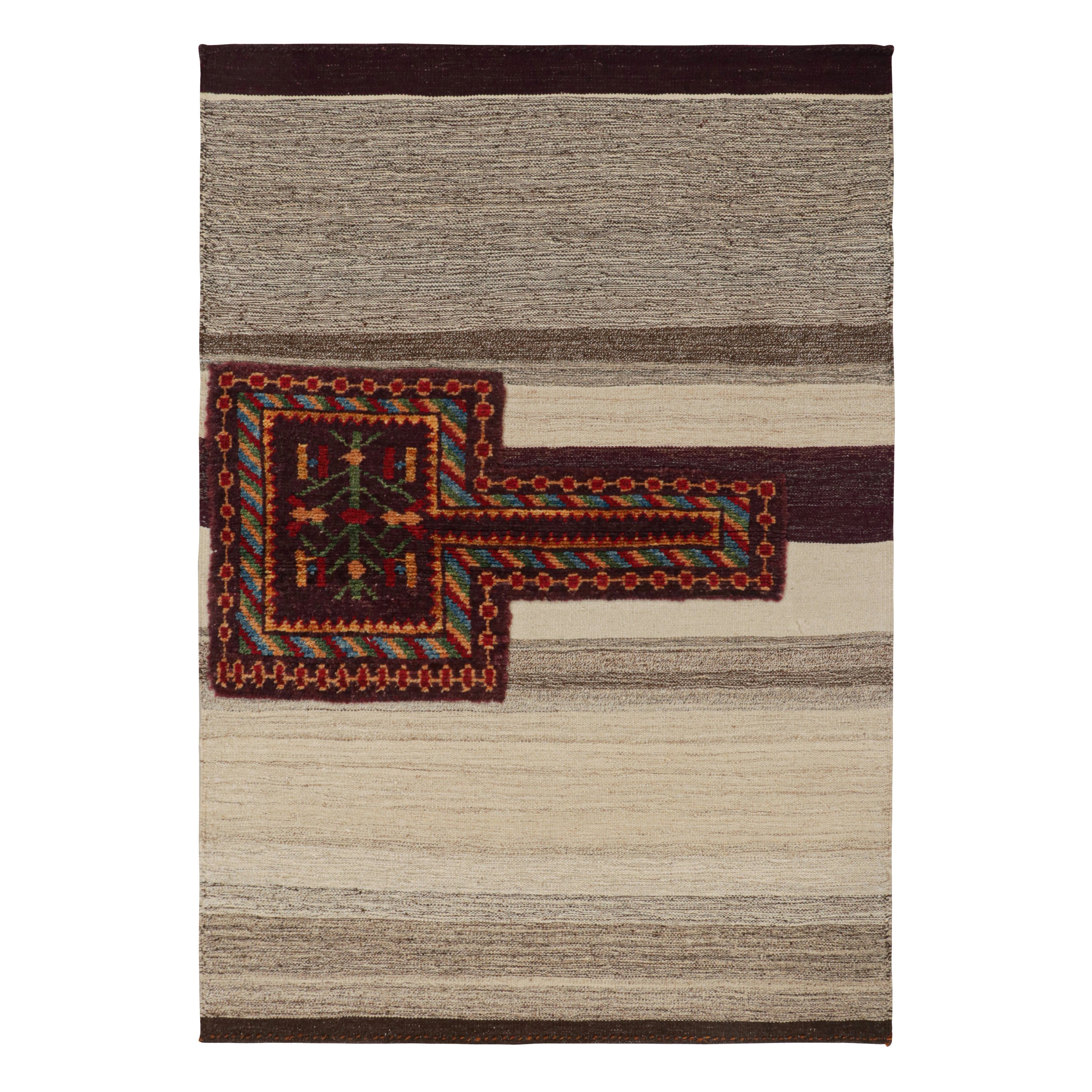 Rug & Kilim’s Tacheh Style Persian Kilim in Beige and Gray For Sale