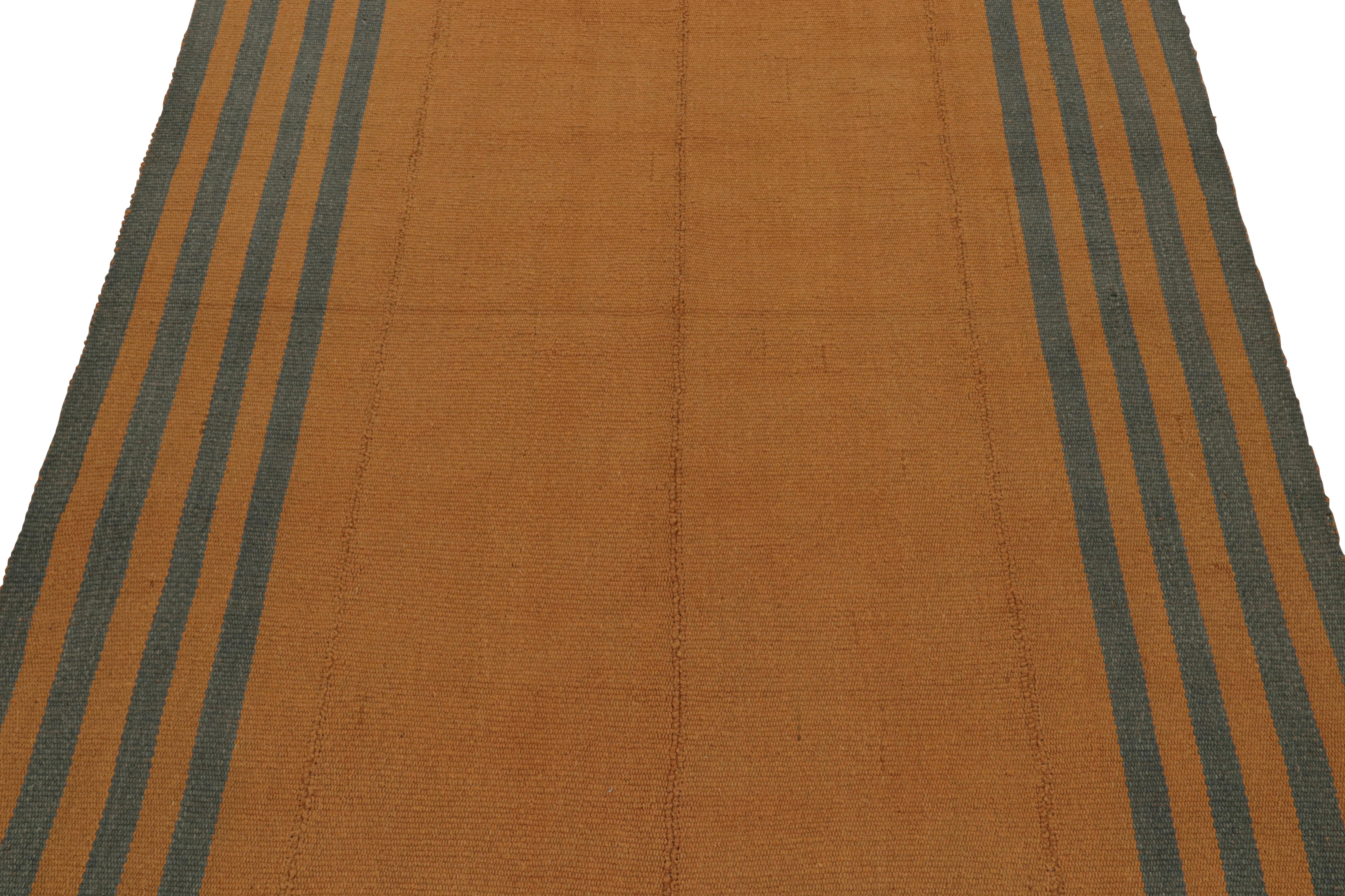 Afghan Rug & Kilim’s Textural Modern Kilim in Orange with Blue Stripes For Sale