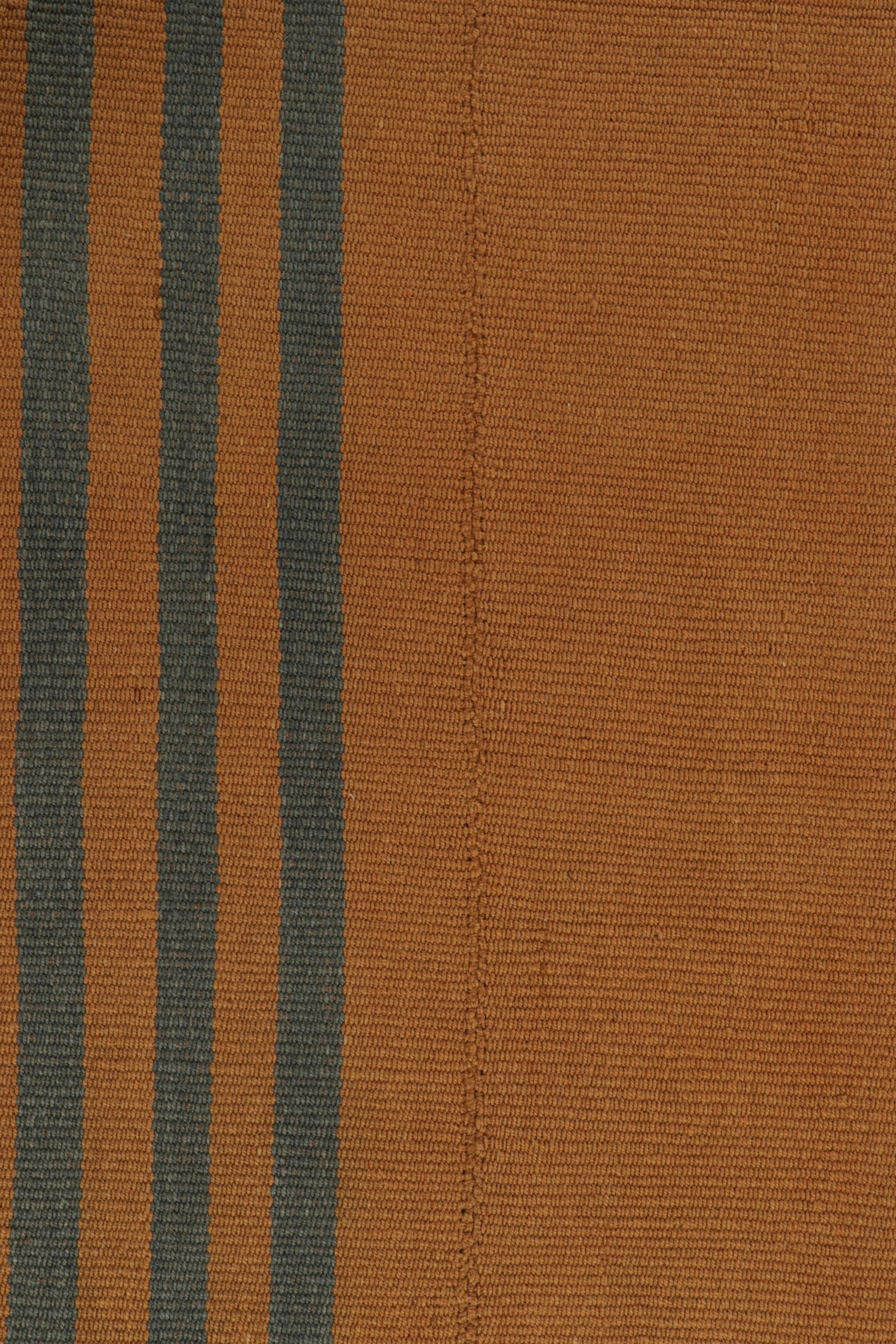 Contemporary Rug & Kilim’s Textural Modern Kilim in Orange with Blue Stripes For Sale
