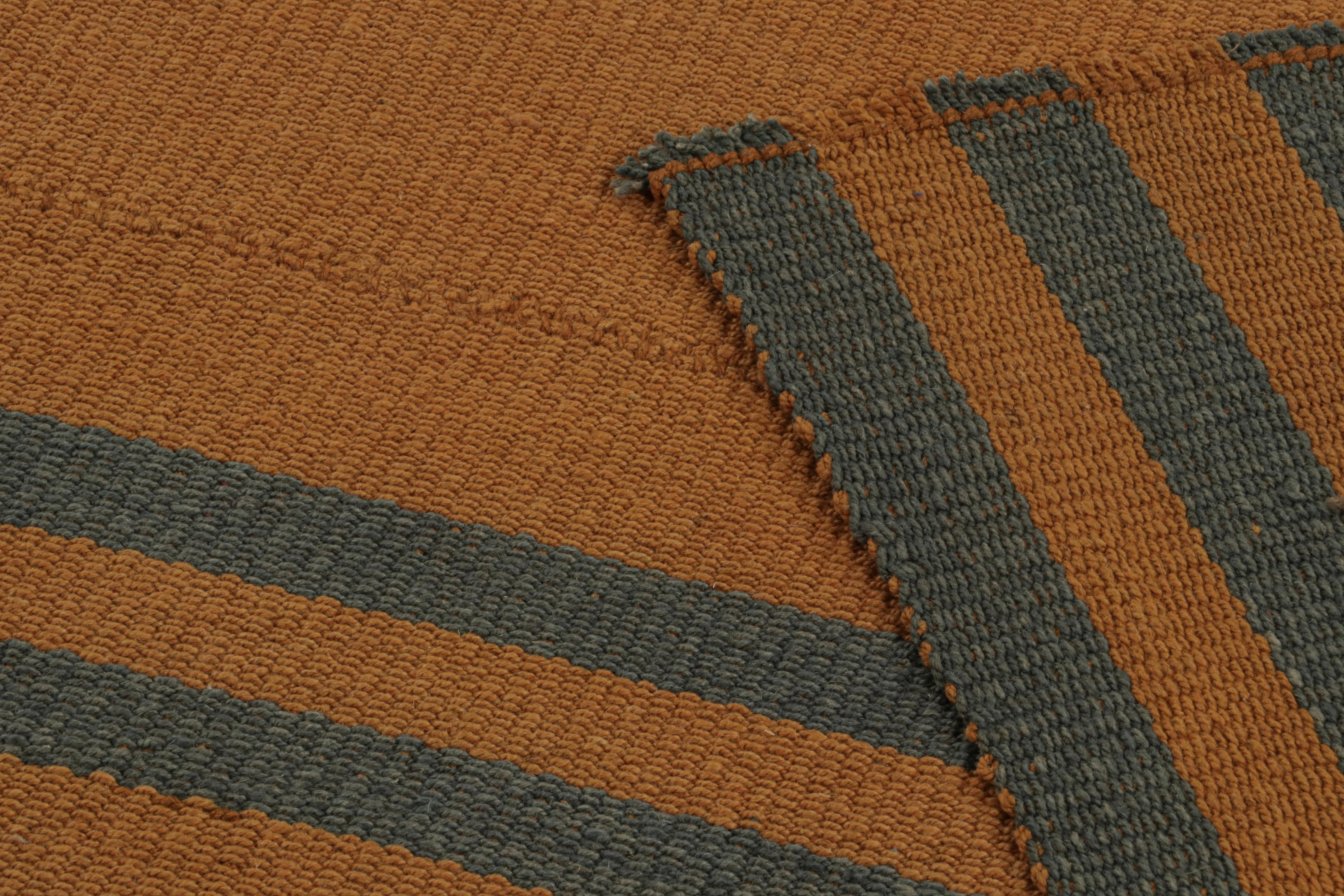 Wool Rug & Kilim’s Textural Modern Kilim in Orange with Blue Stripes For Sale