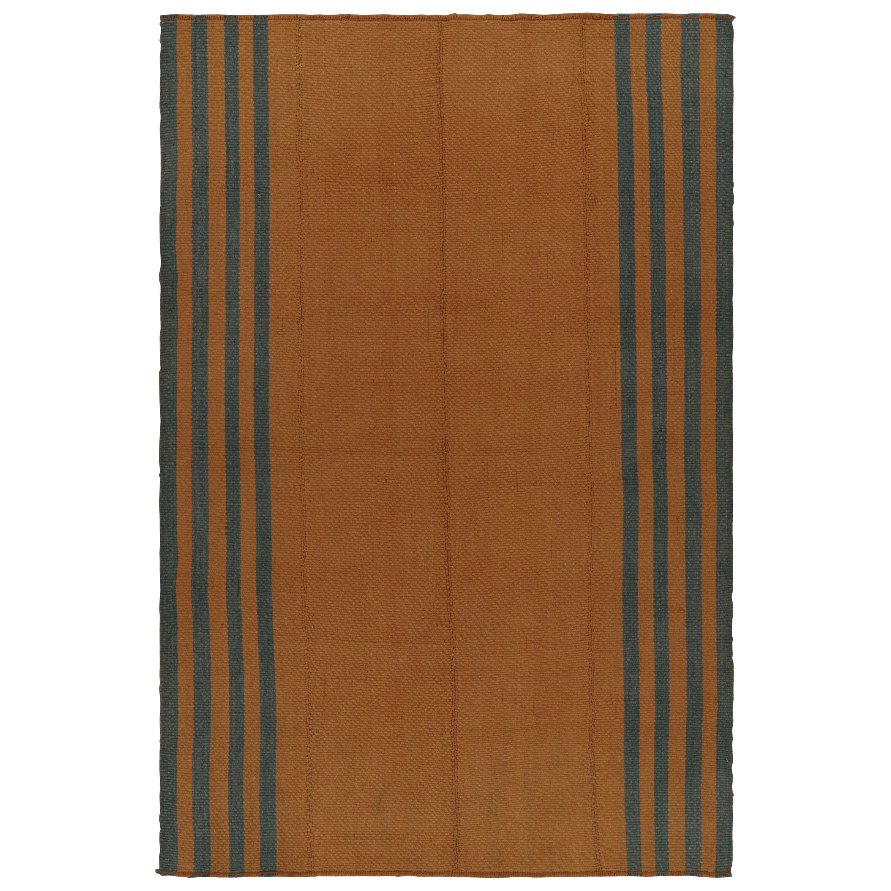 Rug & Kilim’s Textural Modern Kilim in Orange with Blue Stripes For Sale