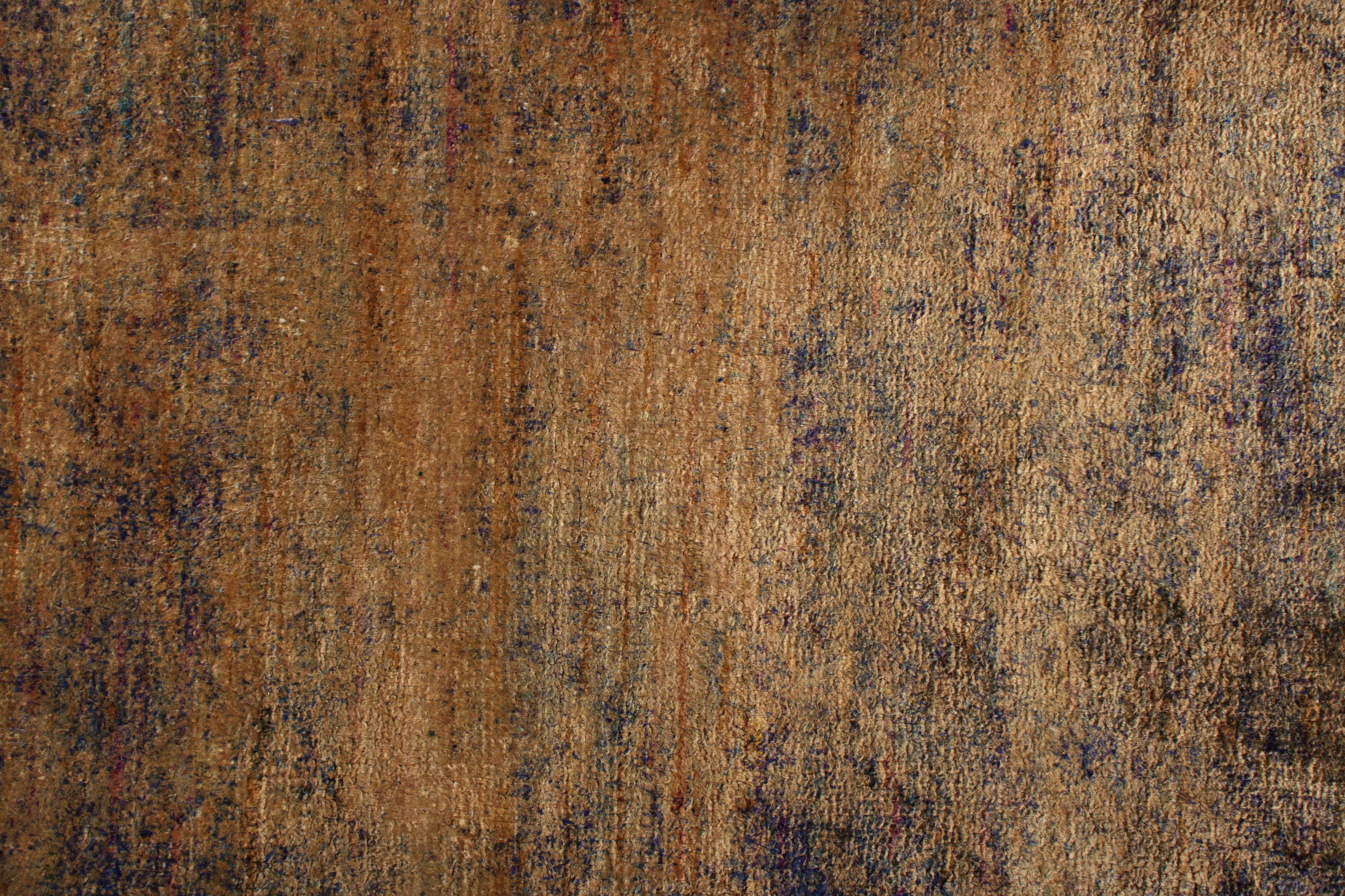 Hand-Knotted Rug & Kilim's Textural Modern Rug Gold Brown and Blue Abrashed Striped Pattern For Sale