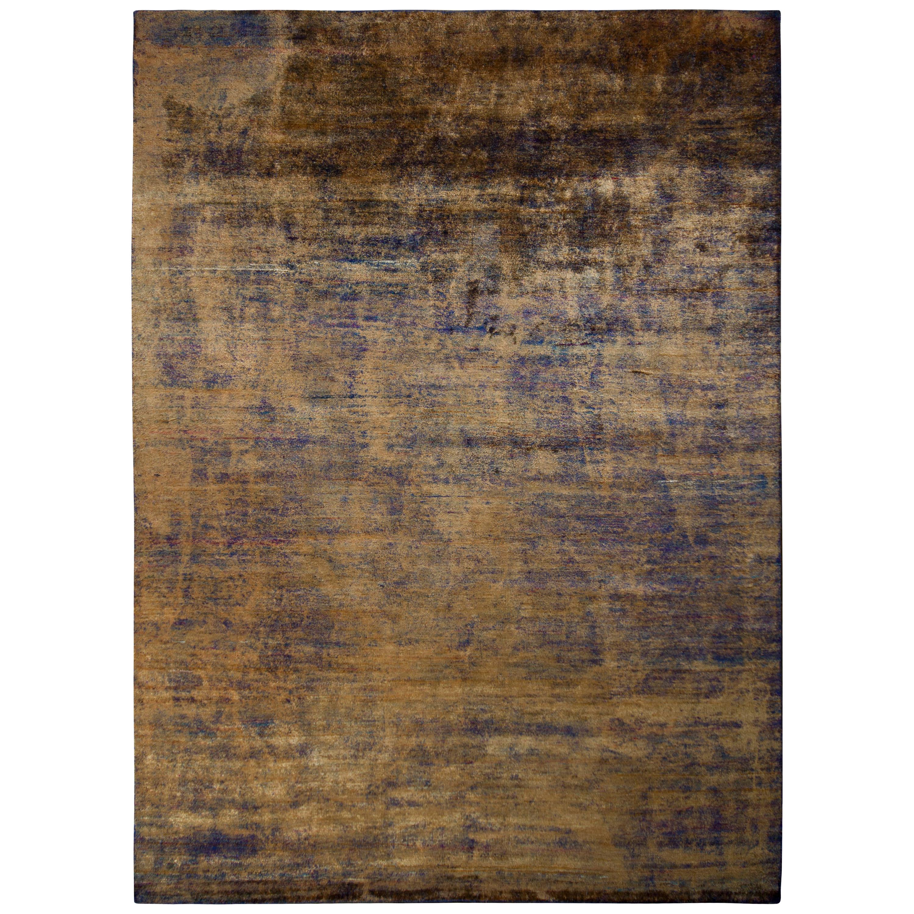 Rug & Kilim's Textural Modern Rug Gold Brown and Blue Abrashed Striped Pattern