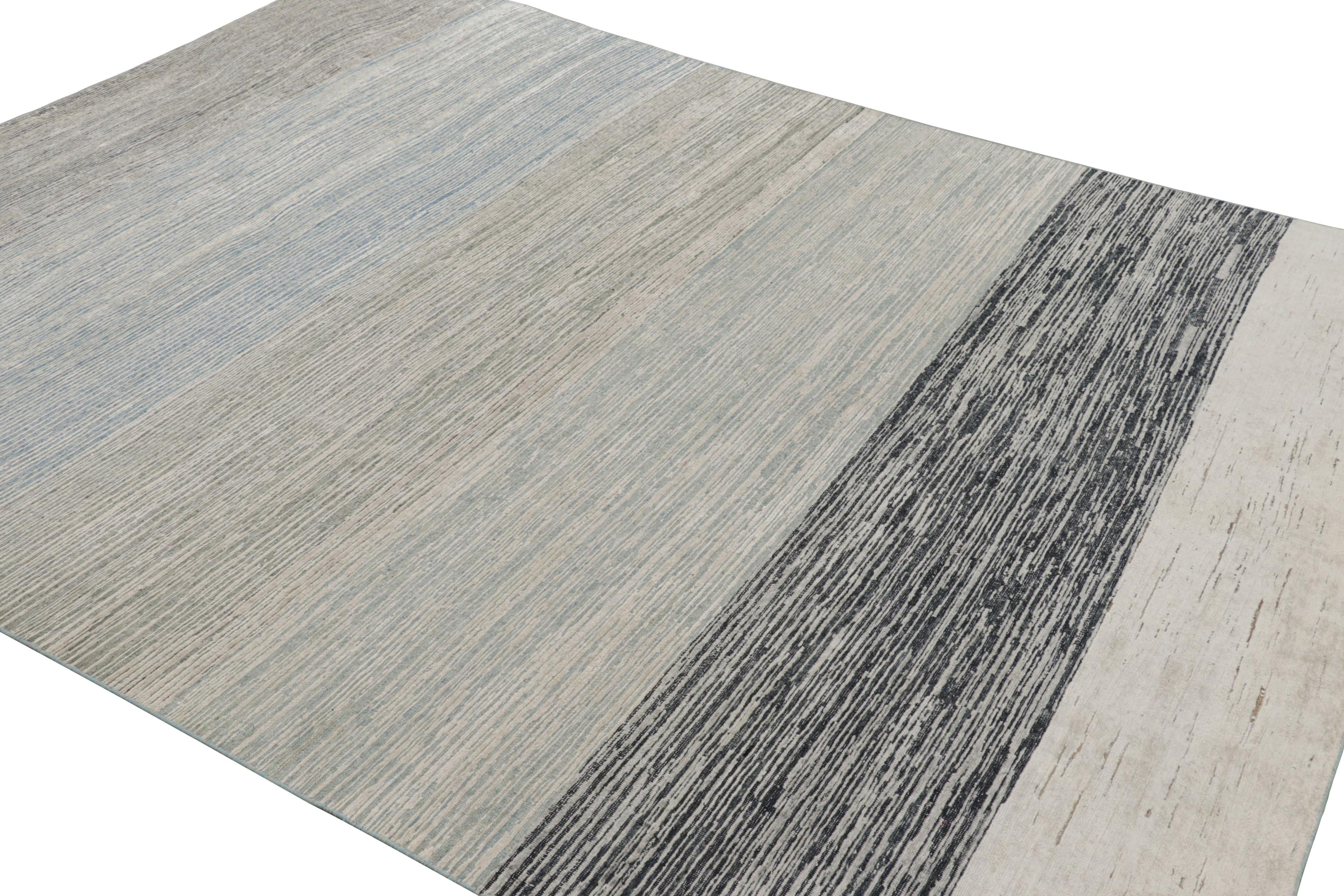 Hand-Knotted Rug & Kilim’s Textural Rug In Beige and Gray with Stripes and Striae For Sale