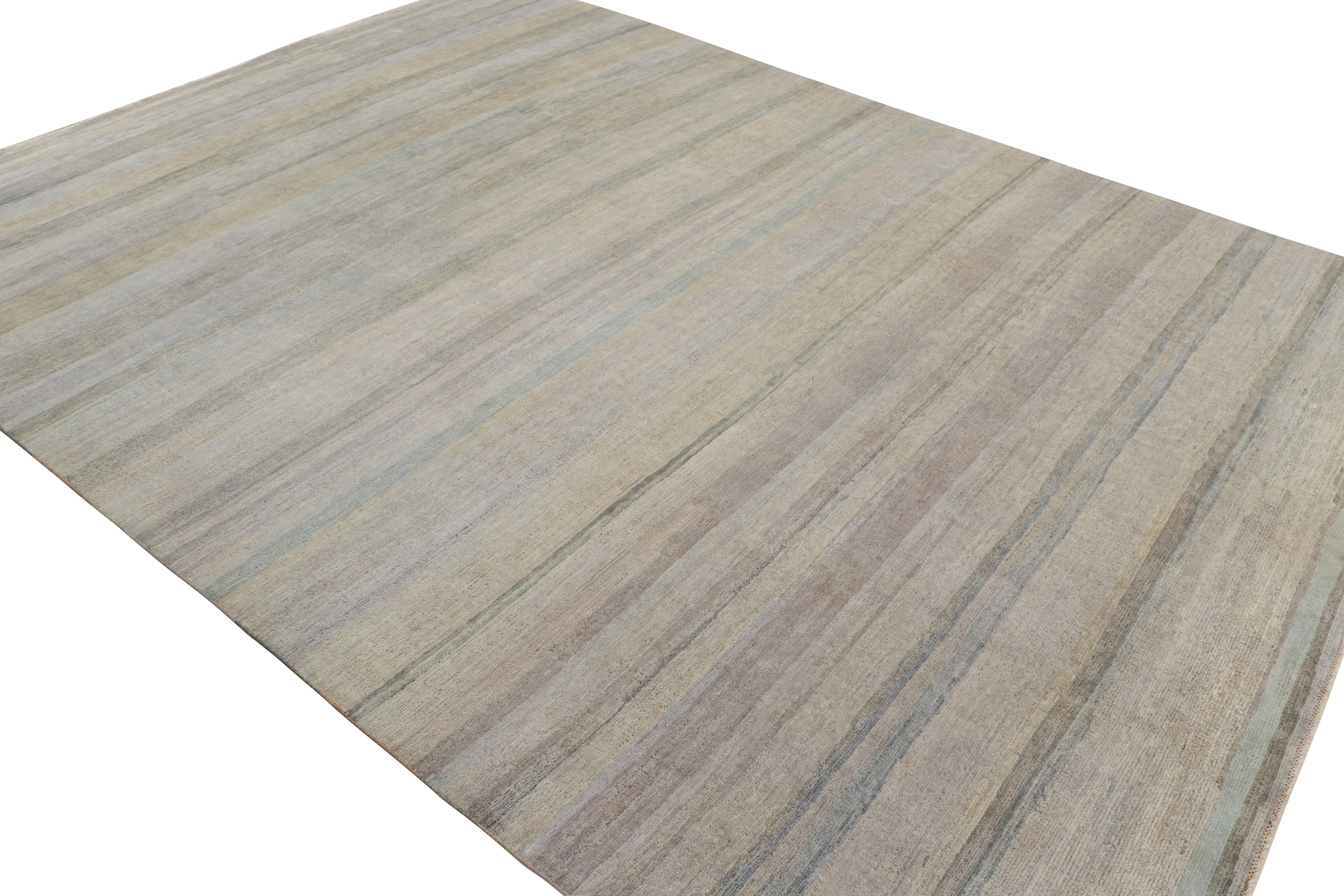 Hand-Knotted Rug & Kilim’s Textural Rug in Beige and Light Blue Stripes and Striae For Sale