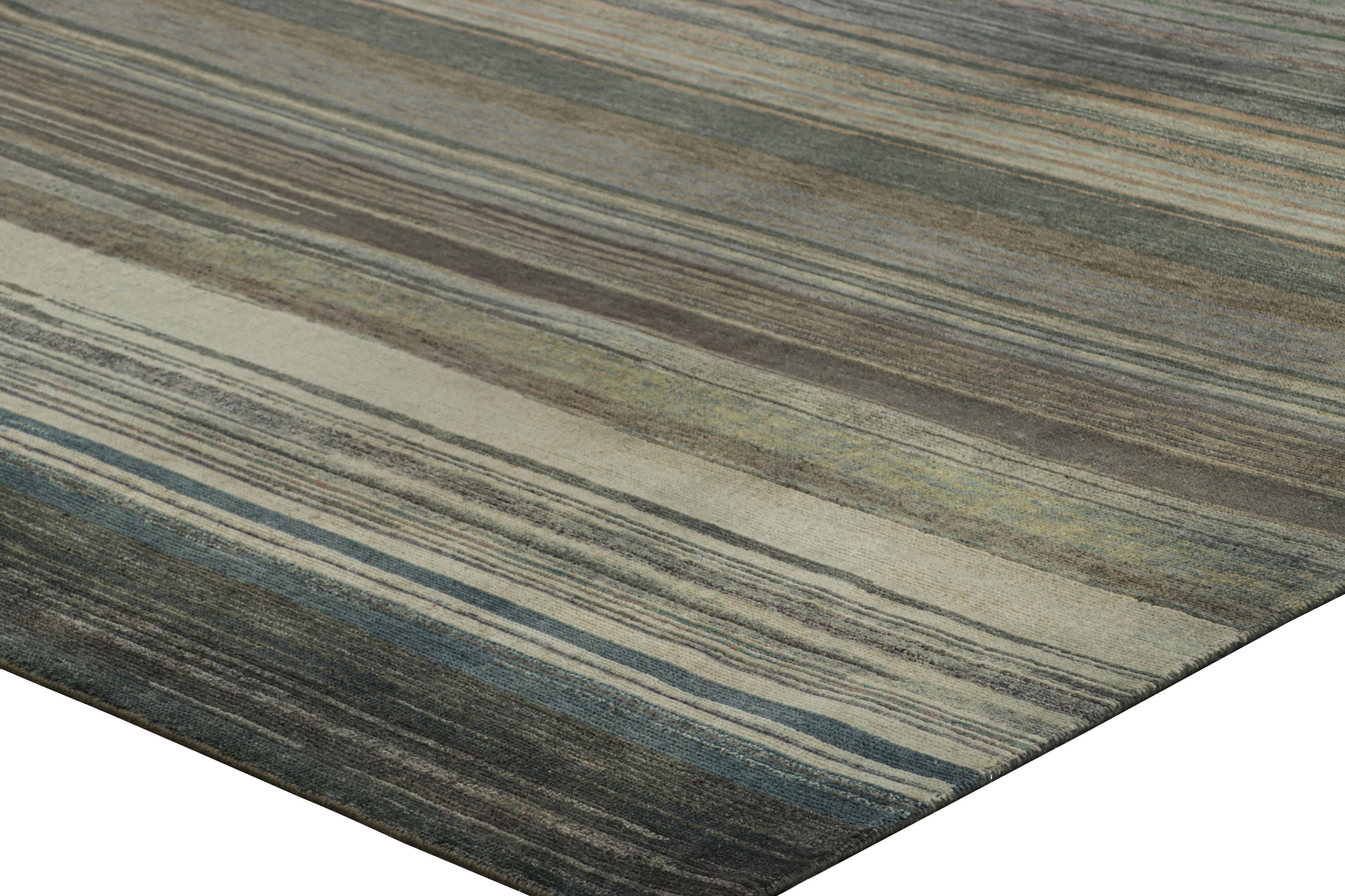 Rug & Kilim's Strukturteppich in Beige-Braun, Grau und Blau, gestreift (Handgeknüpft) im Angebot