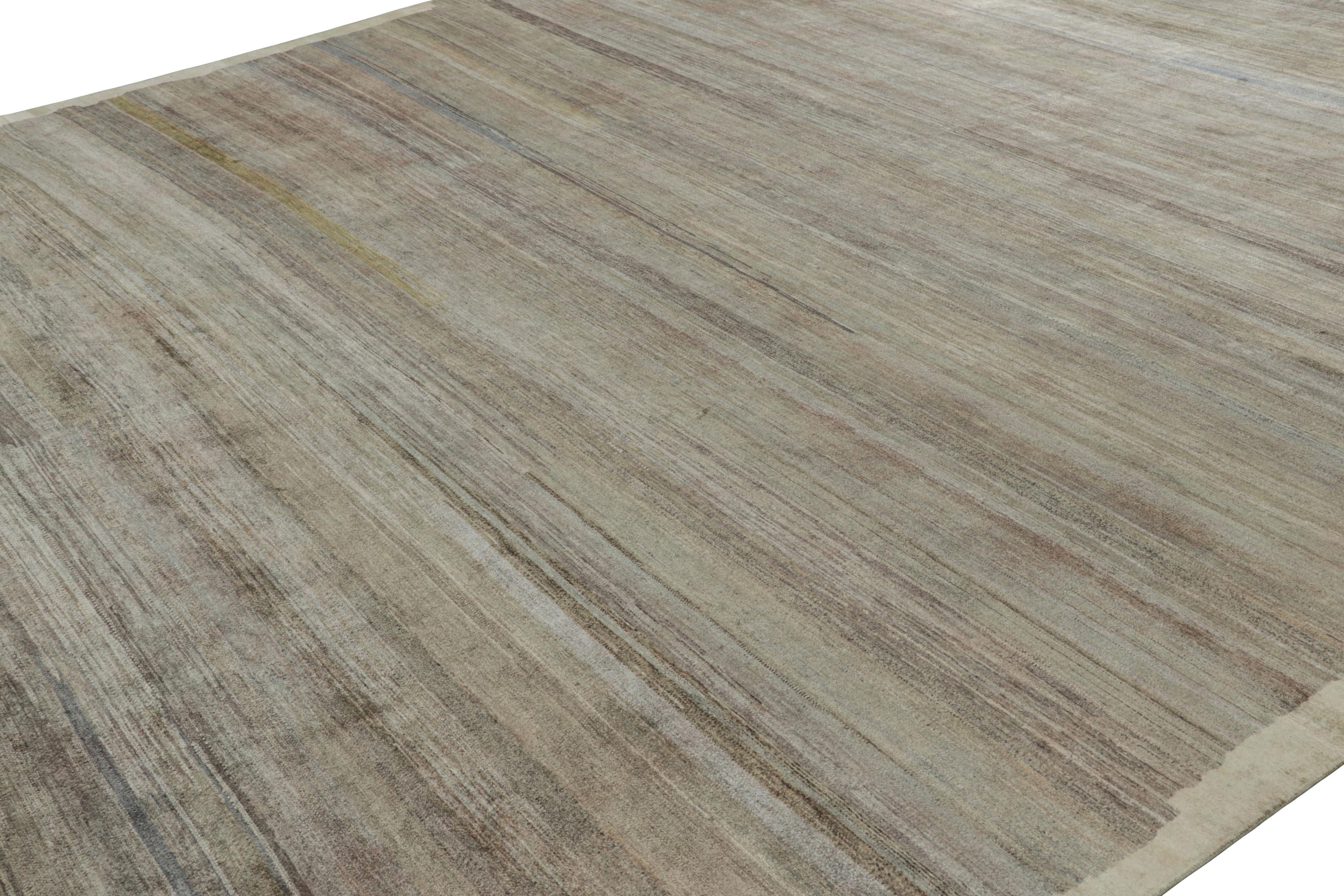 Hand-Knotted Rug & Kilim’s Textural Rug In Green and Brown Stripes and Striae For Sale